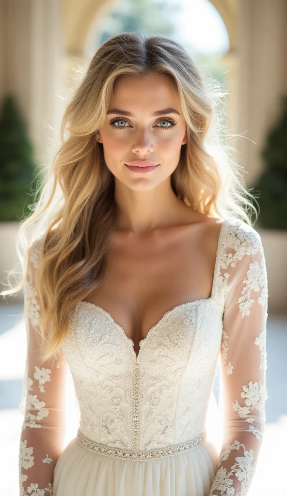 "A stunning Russian model,  with long, wavy blonde hair , penetrating blue eyes, fair skin and delicate Eastern European features. She is posing elegantly in a sophisticated setting, wearing a modern and stylish outfit, with soft makeup that highlights her natural beauty. soft lighting, blurry background, realistic photography style in high resolution."