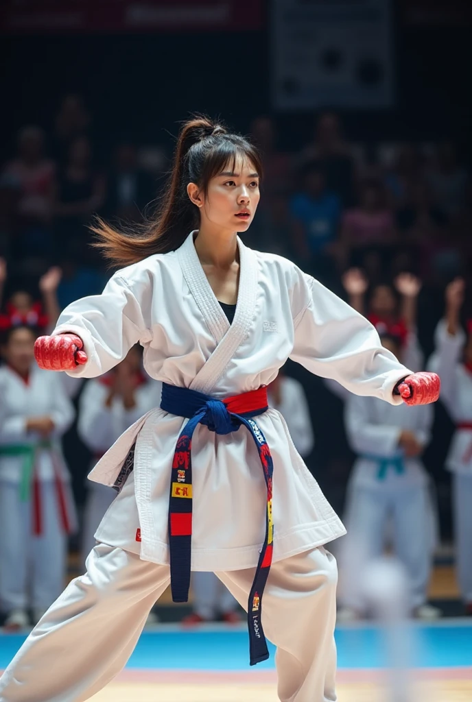 Female taekwondo fighter in combat stance, wearing white dobok uniform ...