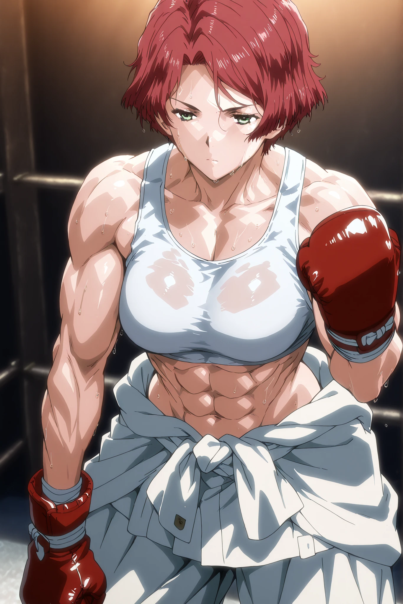 1girl, solo, young mature, yukinakabaneri, green eyes, short hair, red hair,muscular female, boxing gloves, white tank top, clothes around waist, white pants, breasts, midriff, abs, sweating