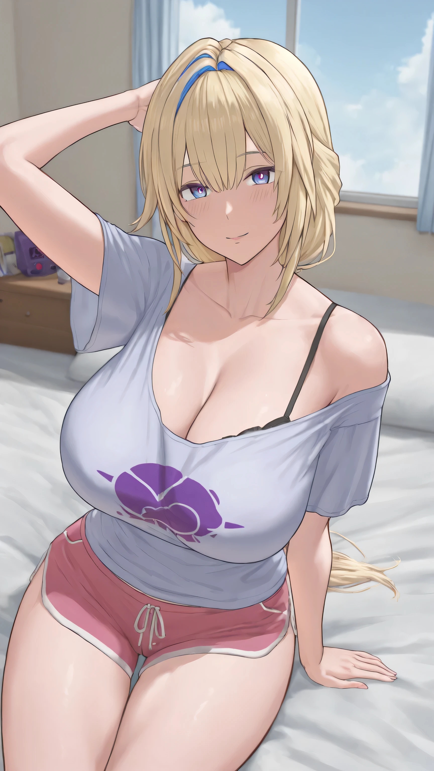 Bianca young woman 28 years old curvy body shape sexy blonde hair pastel, sky blue color eye, wears loose t-shirt purple mate short sleeve without bra, wears pink shorts , latar di kamar,(single/solo pose sitting on bed room),(Ultra HD 8K grafik, 32 miliar warna),( detailed and colorful furnituture and room accessories),(Perfect AI works)
