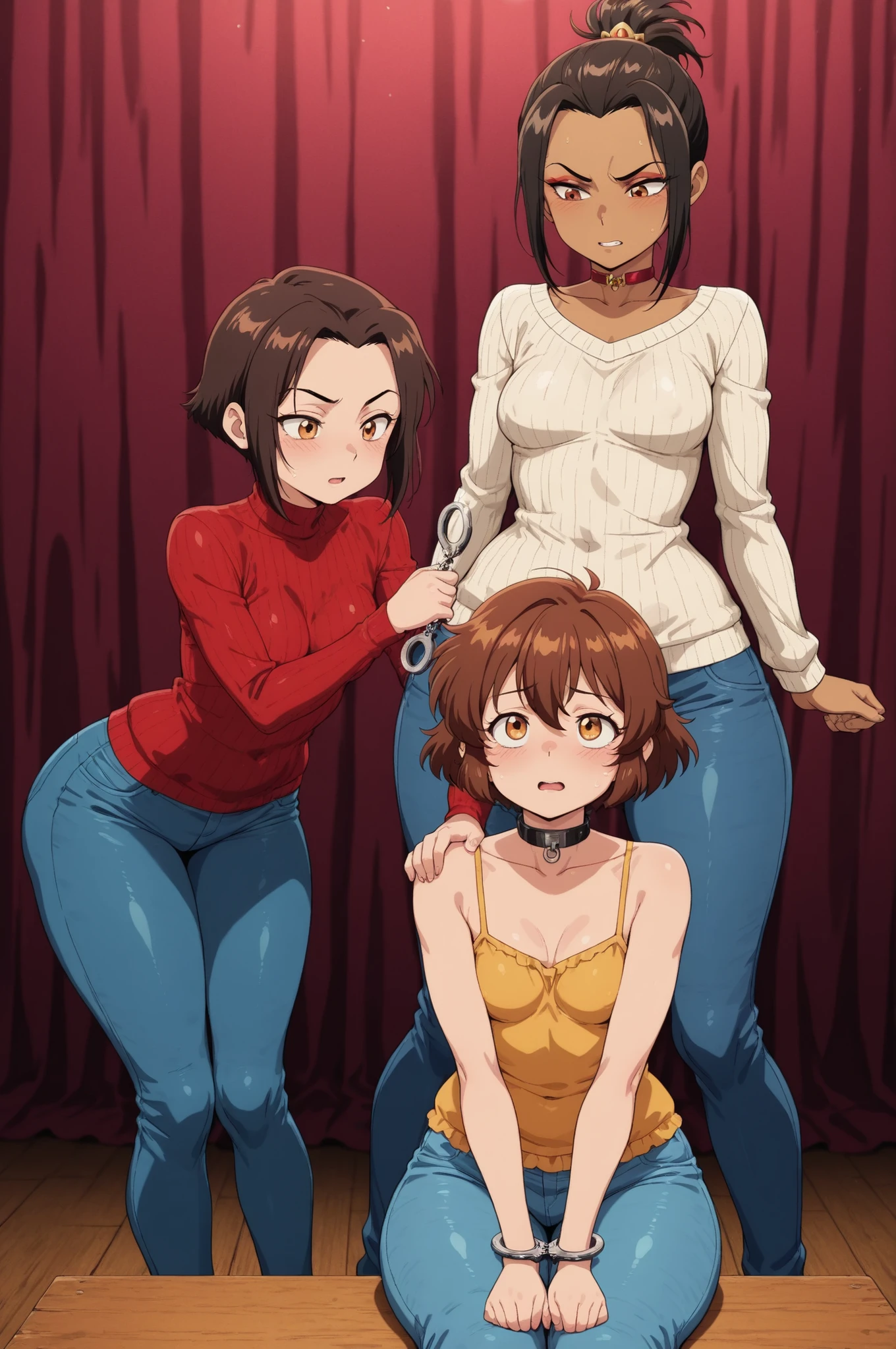 Azula , amber eyes . wavy dark brown hair strands above her shoulders. short hair. small breasts. huge hips. choker. | score_9, score_8_up, score_7_up, score_6_up, score_5_up, b1dcr0wd, girls, slave, slave action, auction. slave markert, slave. standing, clothed, stage, sweater, jeans, handcuffs, sitting