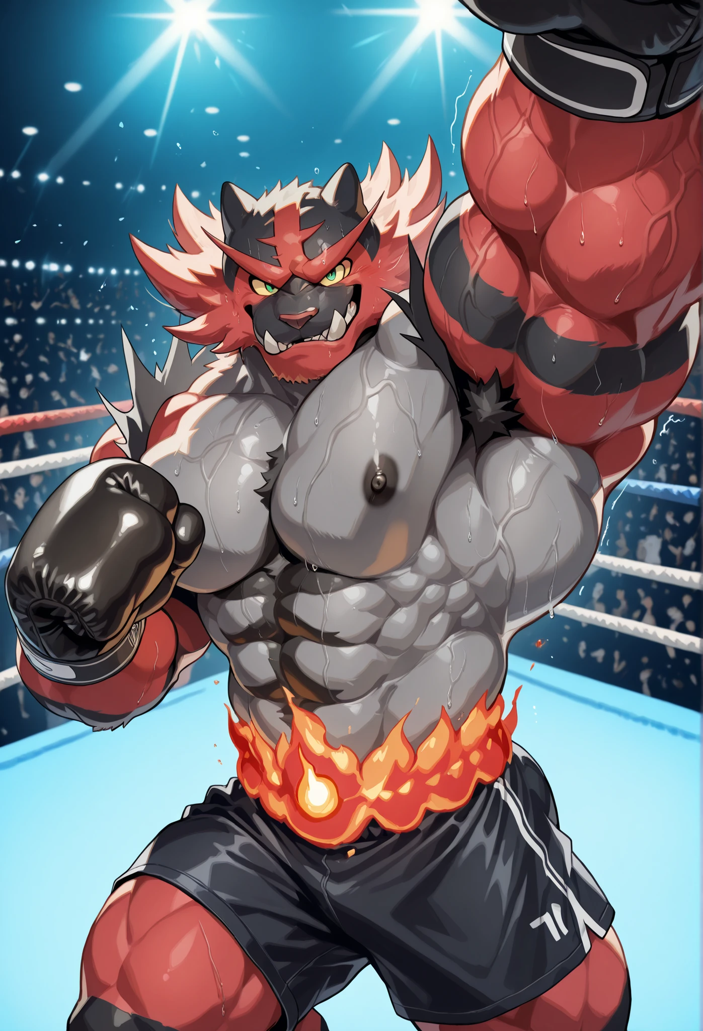 Realistic like a real photo style, pov_boxing, Incineroar strengthful predator Pokemon heavy wait boxing champion, thick armpits, fiercely barrage of punching_the_viewer, foreshortening, motion blur, black boxing gloves, black boxing shorts with gold side lines, depth of field, extreme perspective, extreme closeup, closeup, action shot, boxing, delivering a devastating punch, motion lines, impact lines, ferocious devastating punching viewers, throws a devastating punching and knock out the viewer, devastating punching the viewers cheek, boxing ring background, furry male, heavy muscular, very strong muscular arms with prominent veins, looking at viewer, brutal and sadistic expression, sadistic and brutal sharp eyes, thick veiny large pectorals, wearing black boxing gloves, burning fighting spirit, sweaty body, The moment of the devastating punch, The impact of a devastating punch, very strong muscular arms with prominent veins, The mercilessly figure of a ferocious predator