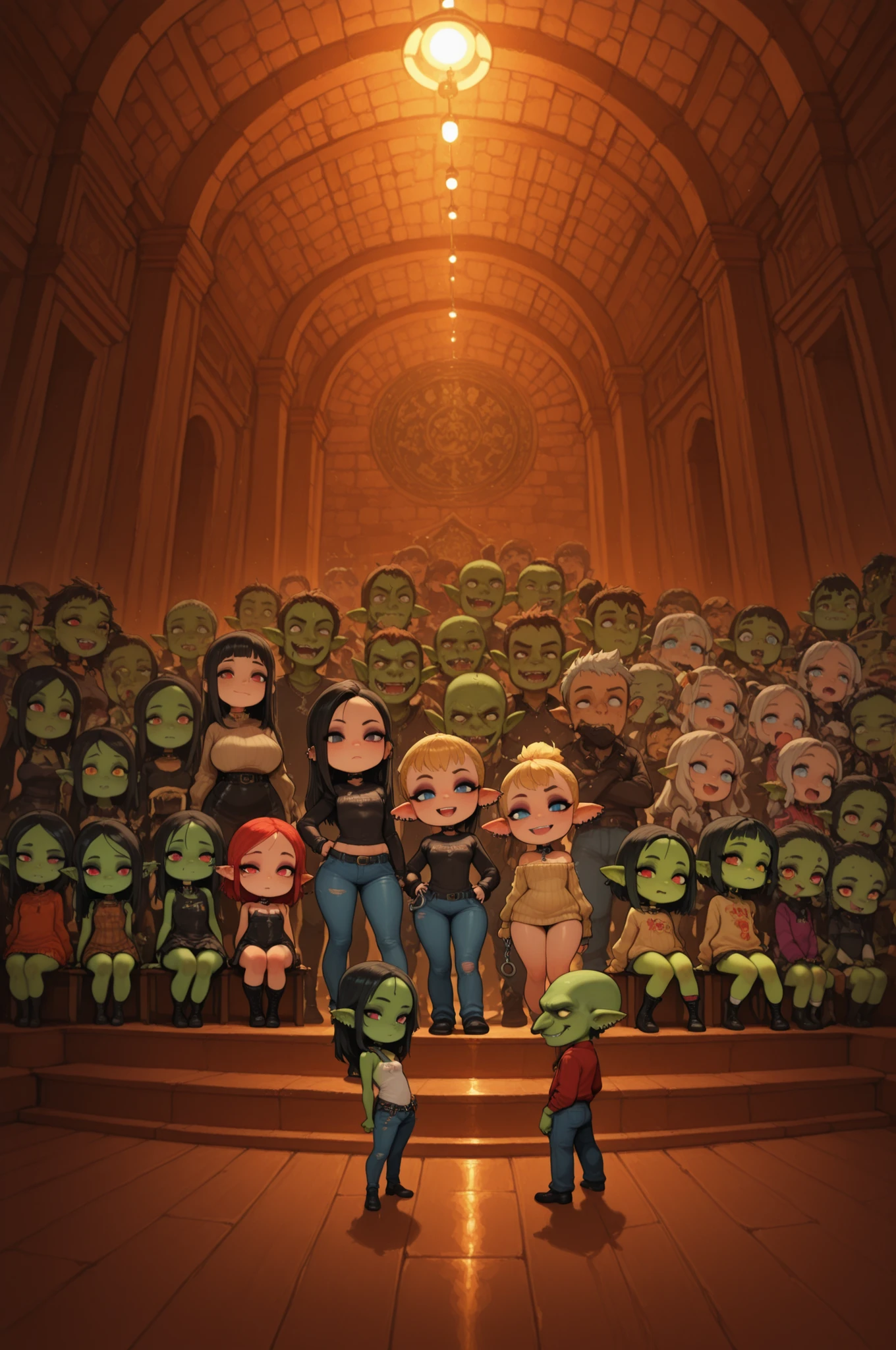 female punk, greasy rainbow very short hair, black eye , facial piercings, eye makeup, flat breasts, meduim hips, (goblin girl:1.0) (shortstack:1.0) (green skin:1.0)   score_9, score_8_up, score_7_up, score_6_up, score_5_up, b1dcr0wd, 1boy, 6+girls, slave, slave action, auction. slave markert, slave. standing, clothed, stage, sweater, jeans, handcuffs, sitting