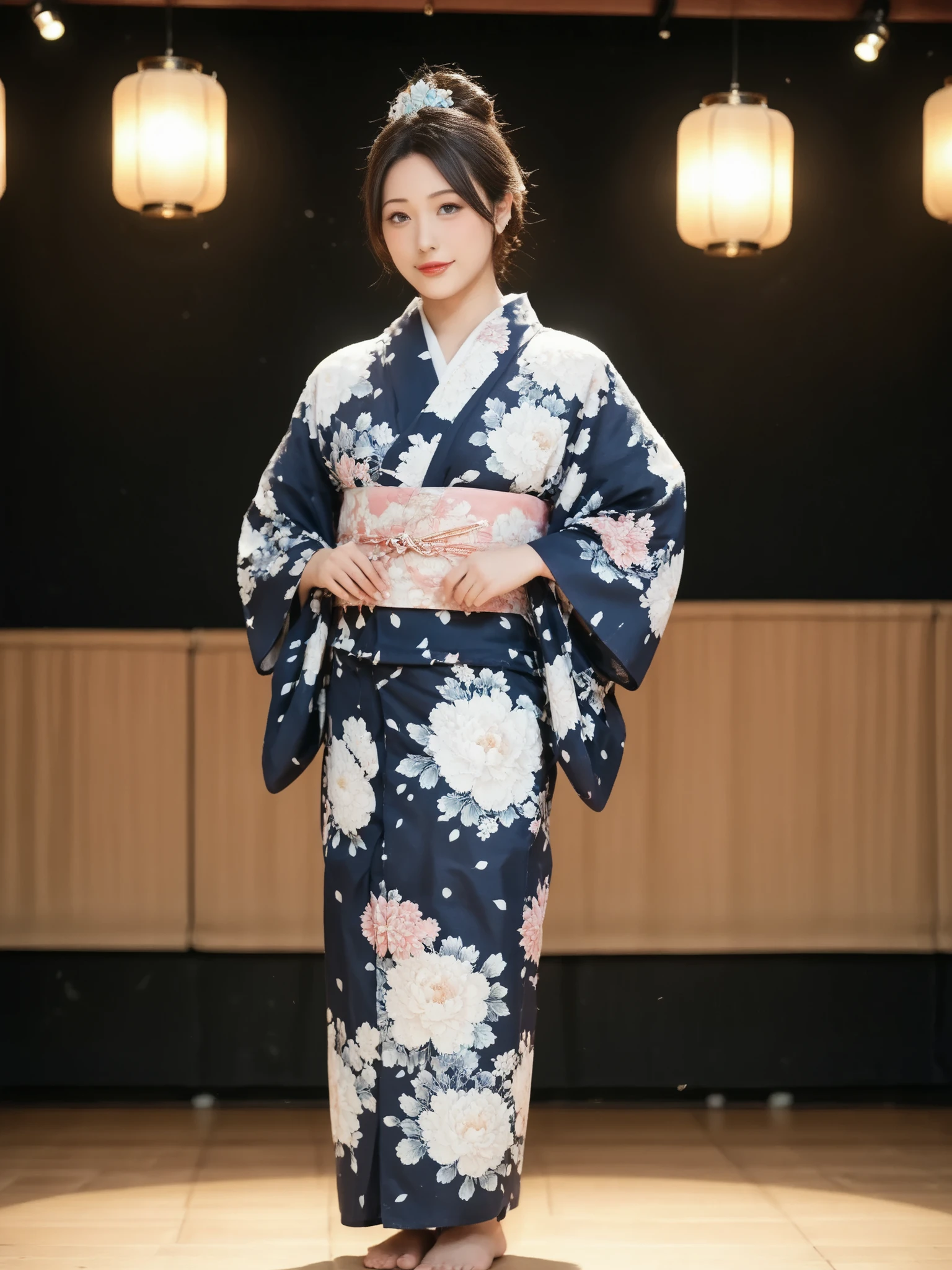 Highest Quality,masterpiece,festivityのStage.festivity,Stage,traditional,Enthusiasm,Firelight,Lantern,bustling,soft touch,Delicate Body Curves,Realistic Human Body,yukata,