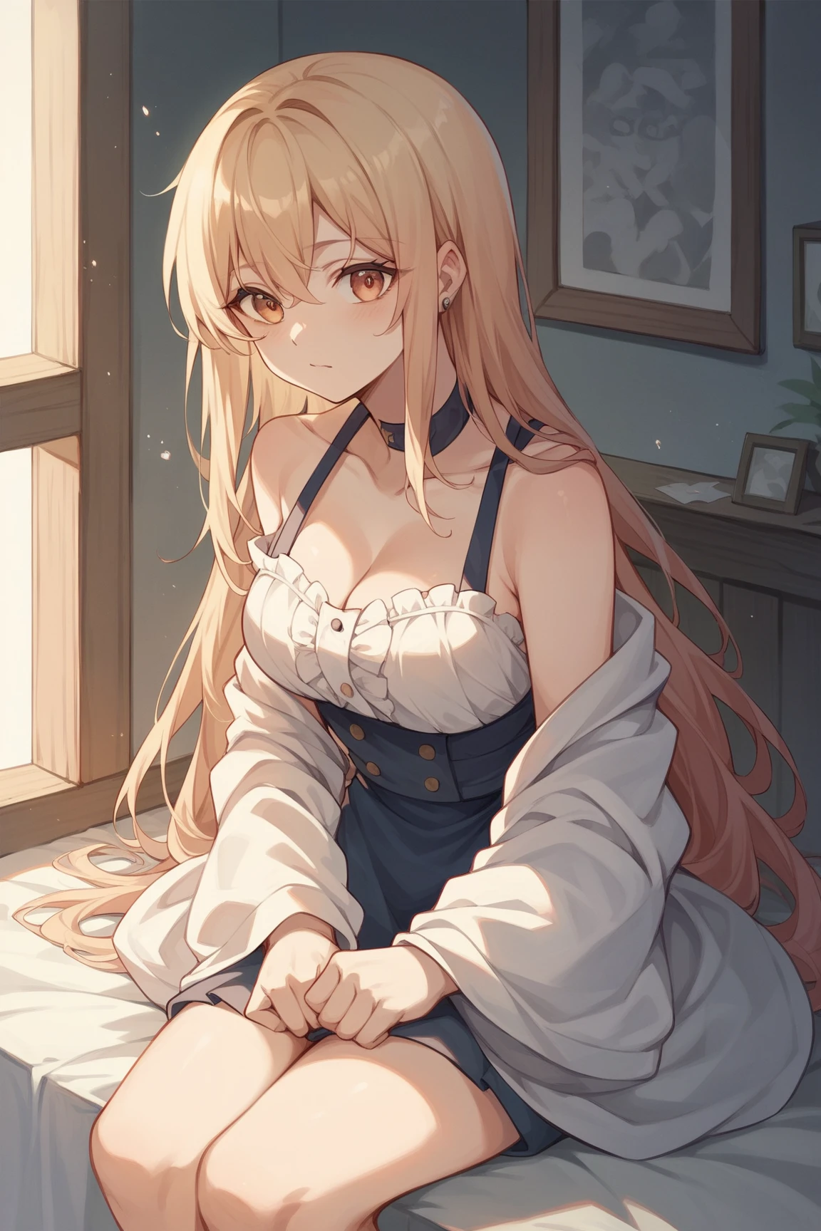 (masterpiece: 1.4), (Highest quality: 1.4), 8K, High resolution, Ultra Clear，One girl，（：1.4），Long golden hair,(Heart-shaped pupils:1.3),(Tonue out:1.2),Scared:1.3，,Exposing the abdomen，White transparent tulle，Ton，（look up），Spread your legs，Fingers of the lower body，Bedroom at night，necklace，Dirty clothes, Dairy Cow, Kneel, (cry: 0.7), Open your mouth, saliva, throat, Sticking out tongue, Hanging, _Invitation to, In the mouth, (Heart-shaped pupils),  