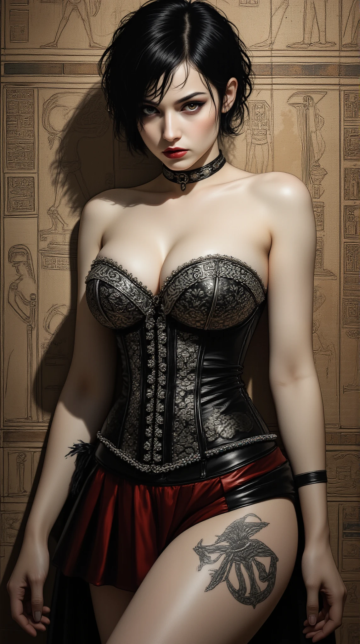 Incredibly detailed erotic surreal illustration of a stunningly attractive European Woman, devastatingly pretty face, intent piercing gaze that is haunting and captivating, she is an Eccentric Gothic woman in her early 20s with untamed wet short black hair, black low cut corset with intricate macabre silver embroidery, pleated black and red leather skirt, impressive cleavage, large natural breasts, and boyshorts, adorned with an ankh tattoo, slender yet curvy figure, pale skin, with shadow resembling grim reaper on ancient sumerian wall with engravings of dead gods, styled with dynamic lighting, hyperdetailed, and intricately detailed, inspired by Greg Rutkowski, Artgerm, with deep colors, and volumetric lighting,
