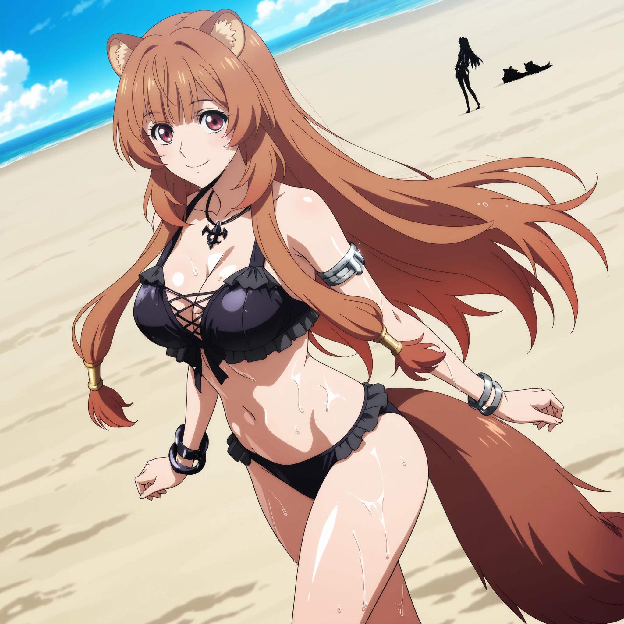 raphtalia , 20 years. red eyes bright orange hair with rounded animal ears and fluffy tail, Slender of the same color as her hair, slender figure and big breasts. She wears detailed gothic bikinis and wears gothic bracelets and a small gothic necklace. she walks along a beautiful paradisiacal beach of white sand and blue sky , Highly detailed anime art, vibrant lighting, and smooth , glossy skin. smile . wet body and hair. 


