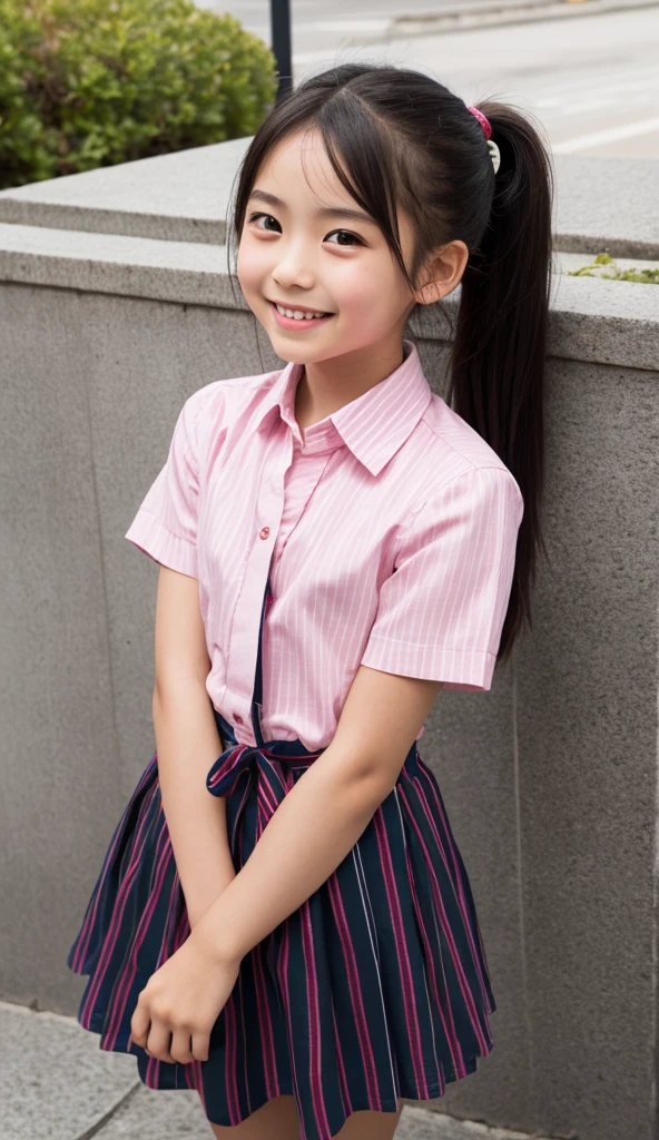 (8K),(masterpiece),(Japanese),(8-year-old girl),((Innocent look)),((Childish)),From the front and above,smile,cute,Innocent,Kind eyes,Plain T-shirt,Short sleeve,Blue checked short skirt,semi-long,Hair blowing in the wind,Black Hair,Somewhat strong wind,noon,bright,flat_body, low_teen, very_young, light smile, closed lips, beautiful detailed eyes, slender, small, junior_high_school_student, outdoor, sunlight, black hair, look ahead, full body, girl,shirtlift