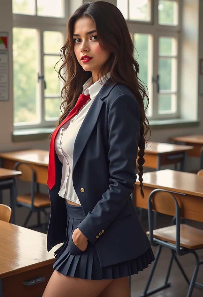 (masterpiece, High Quality, High resolution, cup breasts, photography), beautiful woman, full face photo, with light eyes , beautiful breasts, beautiful and detailed face, cute smile , beautiful butt , angelic look, beautiful legs, gran detalle de cuerpo y rostro en pose sexy y erotica. Great detail of the background and surroundings. Beautiful girl with very big breasts (D or DD), RED LIPS, long loose hair, sexy. Photograph of a young and attractive woman of Latin origin, attractive and athletic figure, entering a room that looks like a classroom. She wears long braided hair and wears a school uniform consisting of a navy blue jacket, a white blouse with red tie, a pleated skirt and dark tights. The room has desks and chairs, and a window that lets in natural light.