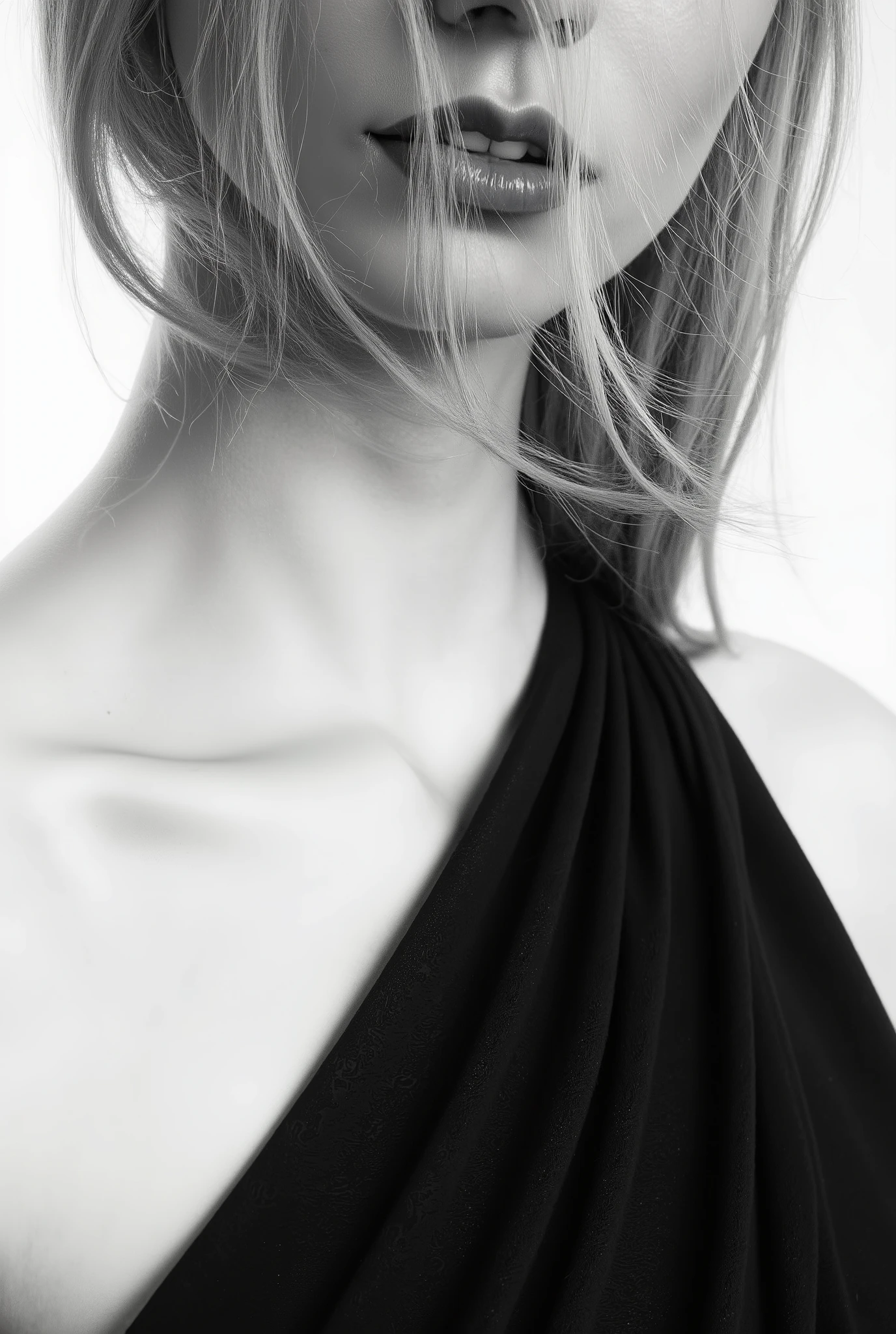 The image presents a black and white portrait that emphasizes the neck and shoulders of a beautiful girl. She is dressed in a dark open dress, the fabric having a slight texture that contrasts with the smoothness of their skin. Long, wispy strands of hair frame the face, with some hair cascading down over the dress, adding subtle movement and grace to the composition. The lighting is soft and even, casting gentle shadows that define the contours of the person's neck and collarbone. The background is white, further highlighting the subject and creating a stark contrast with their attire. The overall mood is serene and contemplative, showcasing a blend of elegance and simplicity. the light shines on her naked body, high quality, masterpiece, professional photography, intricate details,