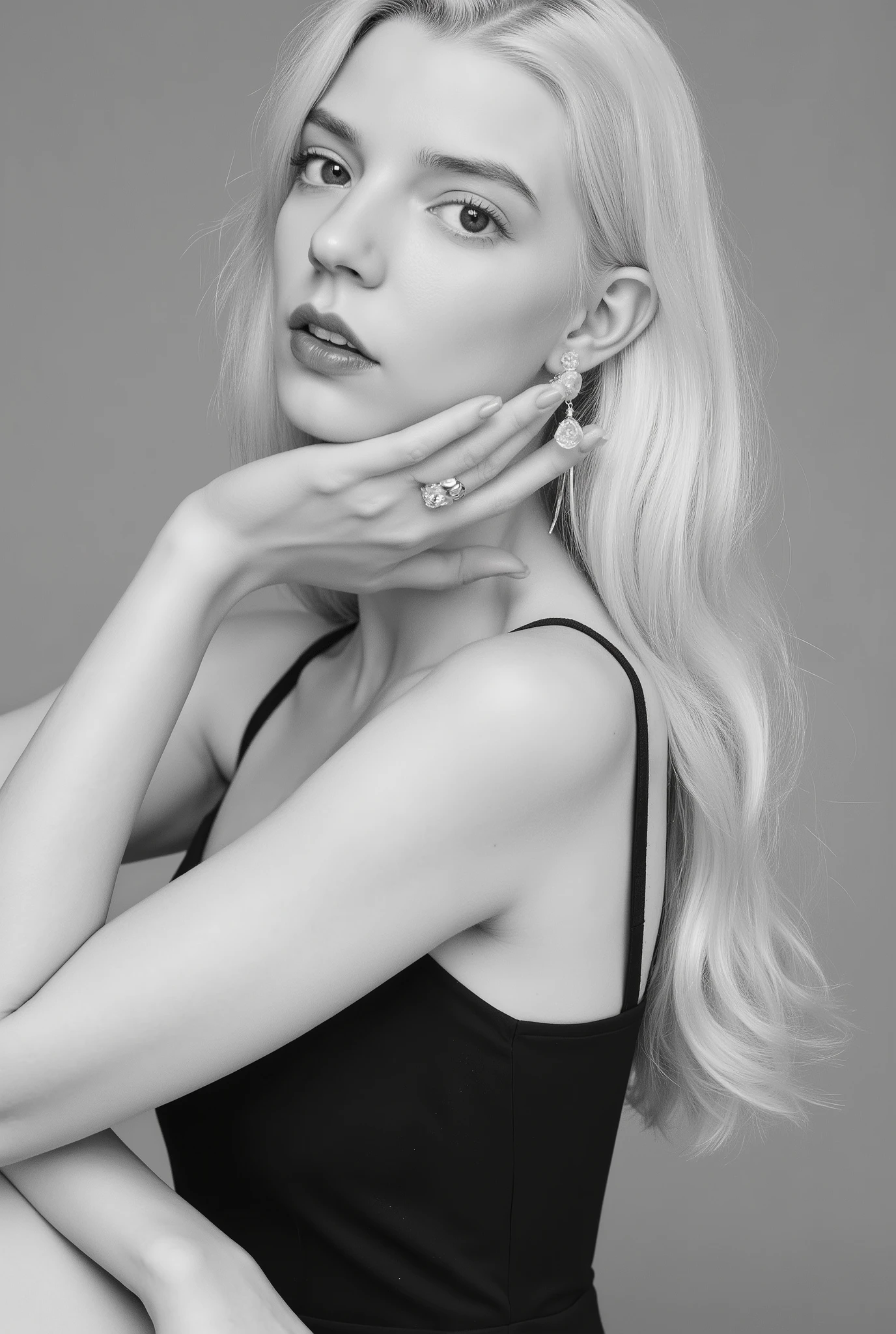 A black-and-white portrait captures a girl with her head slightly turned to the side. She wears a sleeveless, black dress with thin straps delicately sitting over her shoulders. Her long, wavy white hair cascades down, styled with gentle volume and texture, adding a sense of elegant movement to the composition. Visible on her ear is a long, dangling earring that glimmers subtly against the grayscale tones of the image. The lighting is soft, enhancing the contours of her shoulder and collarbone while accentuating the shimmering texture of her hair. The background is a simple, smooth gray, which emphasizes the subject without distraction. The atmosphere is sophisticated and timeless, harkening to a classic fashion or editorial style. She poses like a fashion model.