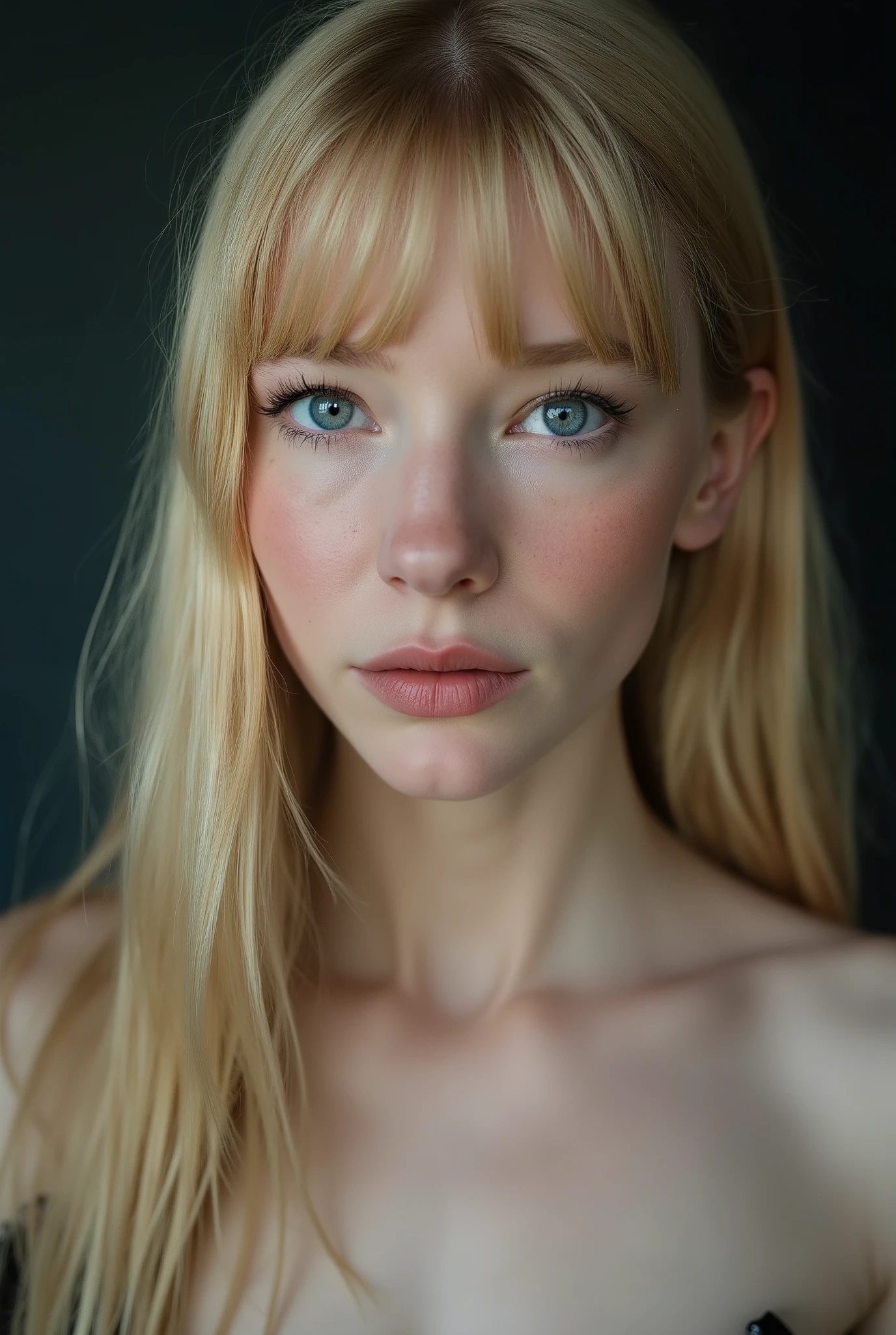 Full frontal face shot, studio photograph, face shot, closeup, A captivating young woman, who is a harmonious blend of elegant features and youthful charm, goth girl, goth aesthetics, straight hair, bang, blonde, long hair, , , , sparkling eyes, long eyelashes, looking at viewer,
cinematic shot, dynamic lighting, 75mm, Technicolor, Panavision, cinemascope, sharp focus, fine details, 8k, HDR, realism, realistic, key visual, film still, cinematic color grading, depth of field,
