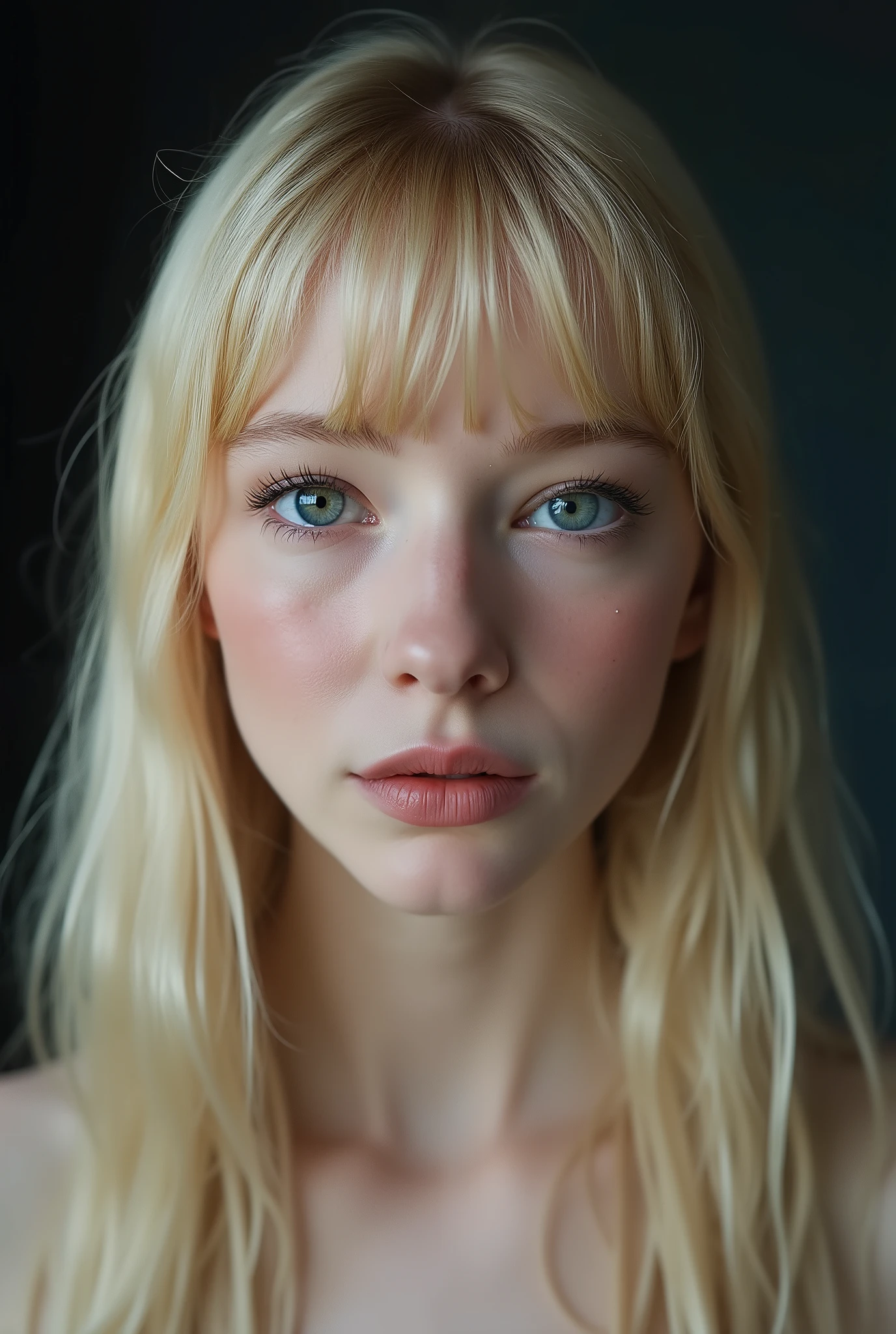 Full frontal face shot, studio photograph, face shot, closeup, A captivating young woman, who is a harmonious blend of elegant features and youthful charm, goth girl, goth aesthetics, straight hair, bang, blonde, long hair, , , , sparkling eyes, long eyelashes, looking at viewer,
cinematic shot, dynamic lighting, 75mm, Technicolor, Panavision, cinemascope, sharp focus, fine details, 8k, HDR, realism, realistic, key visual, film still, cinematic color grading, depth of field,