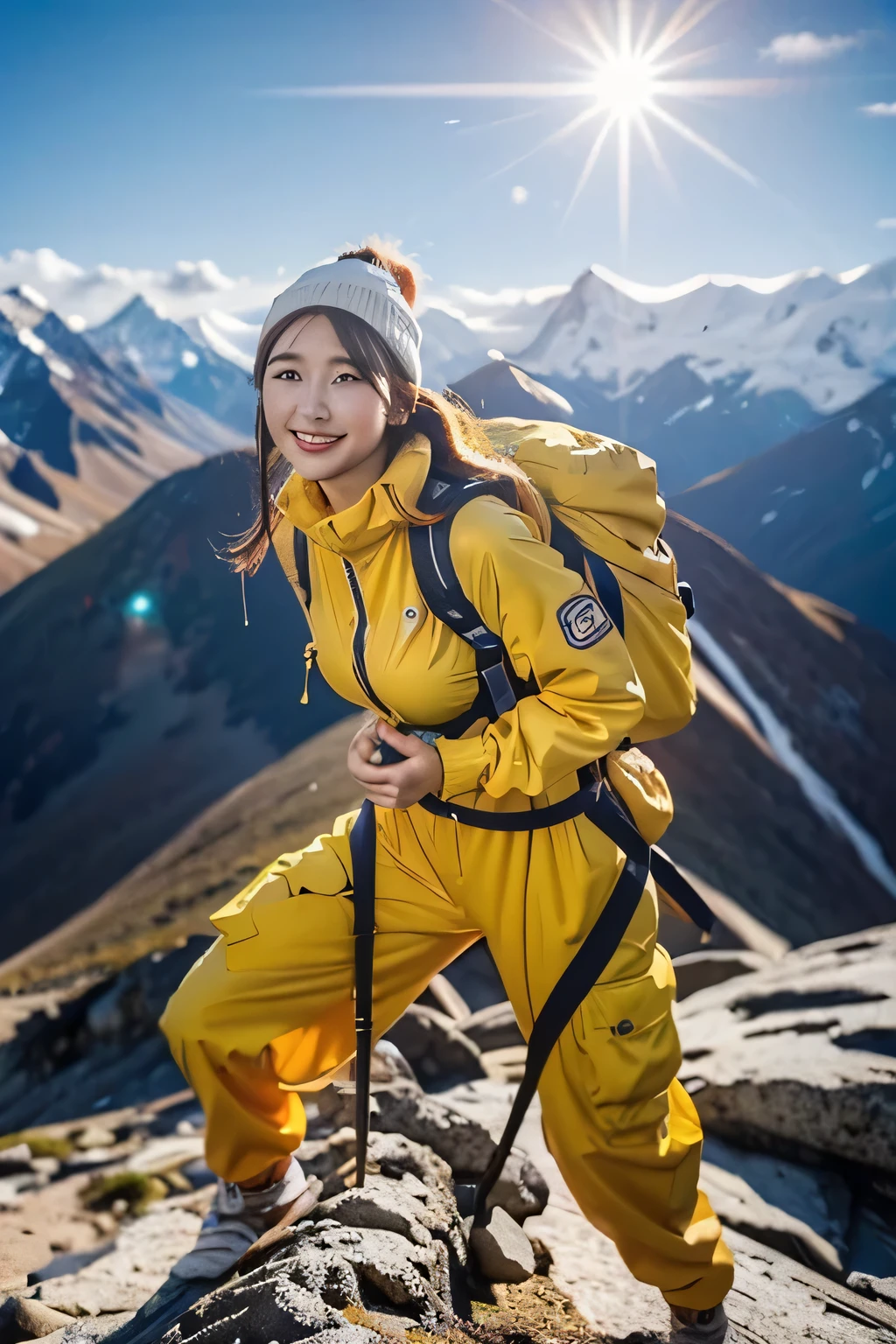 masterpiece,Highest Quality,Ultra High Definition, ONE WOMAN,huge breasts,sexy,Carry a cute mountaineering suit,sunshine plugging into a mountain trail,Climbing Bags,