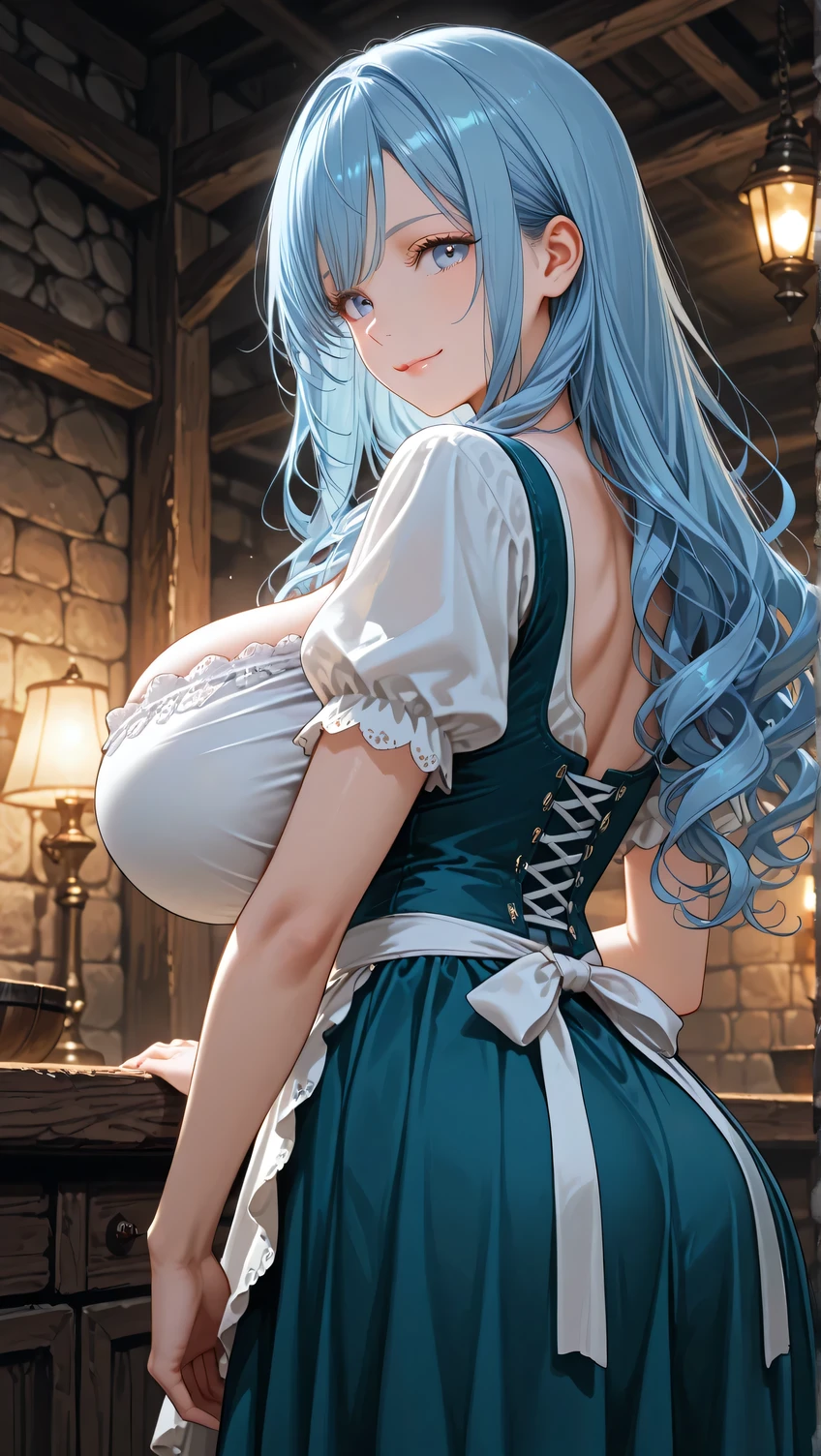young cute girl, 14-years-old, 1girl, extreme detail face and eyes, navy Blue eyes, Perfect eyes, curled eyelashes, BREAK blue haired, long-curly-hair, Air bang, swept bangs, side lock, best hair quality, BREAK (gigantic-Breasts), skinny body, detailed Realistic skin texture, Glossy lips, (intricate dirndl, Fine lace:1.2), perfect finger, perfect hand, perfect anatomy, BREAK shy, Seductive poses, light smile, (Sharp and crisp focus), (cowboy shot), from behind, looking at another, BREAK Medieval European tavern, dark interior, lamplight lit, best lighting and shadow effects, perfect composition, physically-based rendering, BREAK score_9, score_8_up, score_7_up, ASCII score_9, source_anime, rating_safe, quality_masterpiece, quality_best, (absurdres-high-resolution:1.2), amazing quality, very aesthetic, newest, extreme detail description,