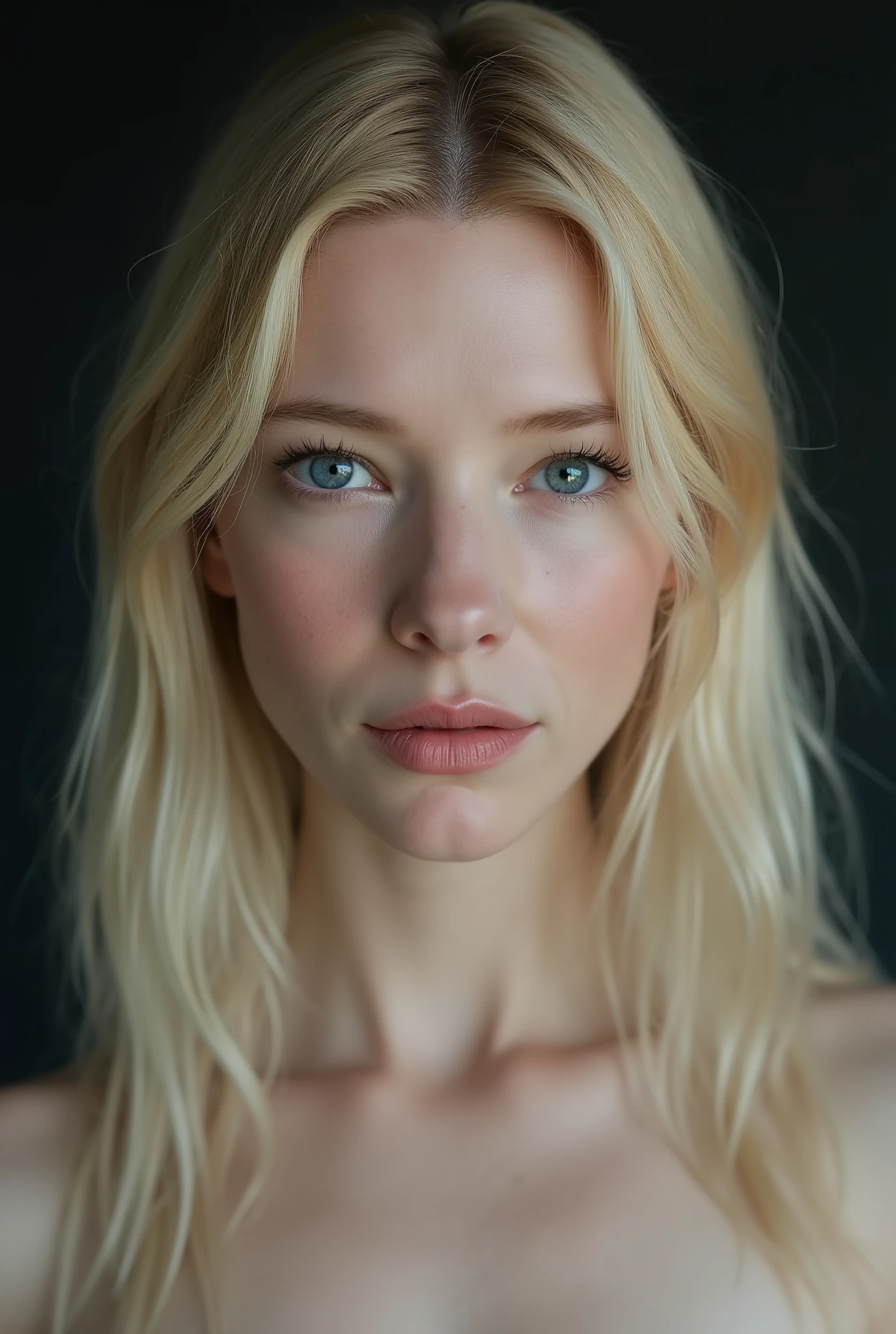 Full frontal face shot, studio photograph, face shot, closeup, A captivating young woman, who is a harmonious blend of elegant features and youthful charm, goth girl, goth aesthetics, straight hair, blonde, long hair, , , , sparkling eyes, long eyelashes, looking at viewer,
cinematic shot, dynamic lighting, 75mm, Technicolor, Panavision, cinemascope, sharp focus, fine details, 8k, HDR, realism, realistic, key visual, film still, cinematic color grading, depth of field,