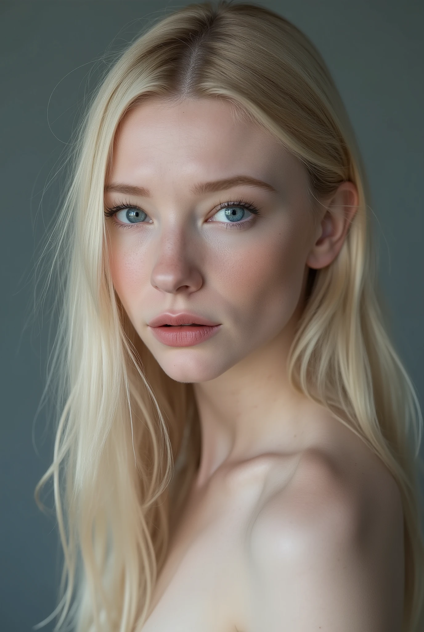 Full frontal face shot, studio photograph, face shot, closeup, A captivating young woman, who is a harmonious blend of elegant features and youthful charm, goth girl, goth aesthetics, straight hair, blonde, long hair, , , , sparkling eyes, long eyelashes, looking at viewer, grey background,
cinematic shot, dynamic lighting, 75mm, Technicolor, Panavision, cinemascope, sharp focus, fine details, 8k, HDR, realism, realistic, key visual, film still, cinematic color grading, depth of field,