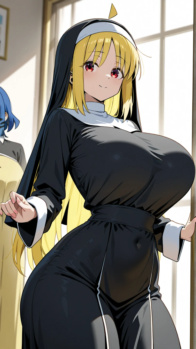 african in closet, pews in background,  nun outfit, , (:1.2), cleavage, holding prayer beads, and demon ,  nun