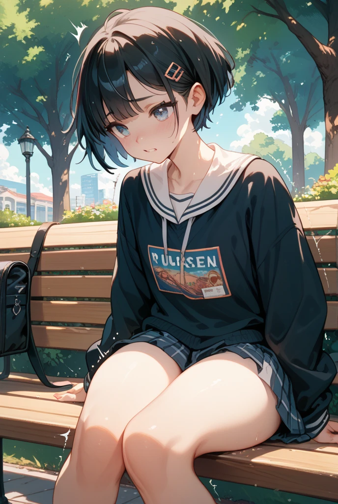  skinny girl ,  grey eyes, Black hair, short hair, wide , very small , black skirt, oversized hoodie, black stockings, Park, Night, , 