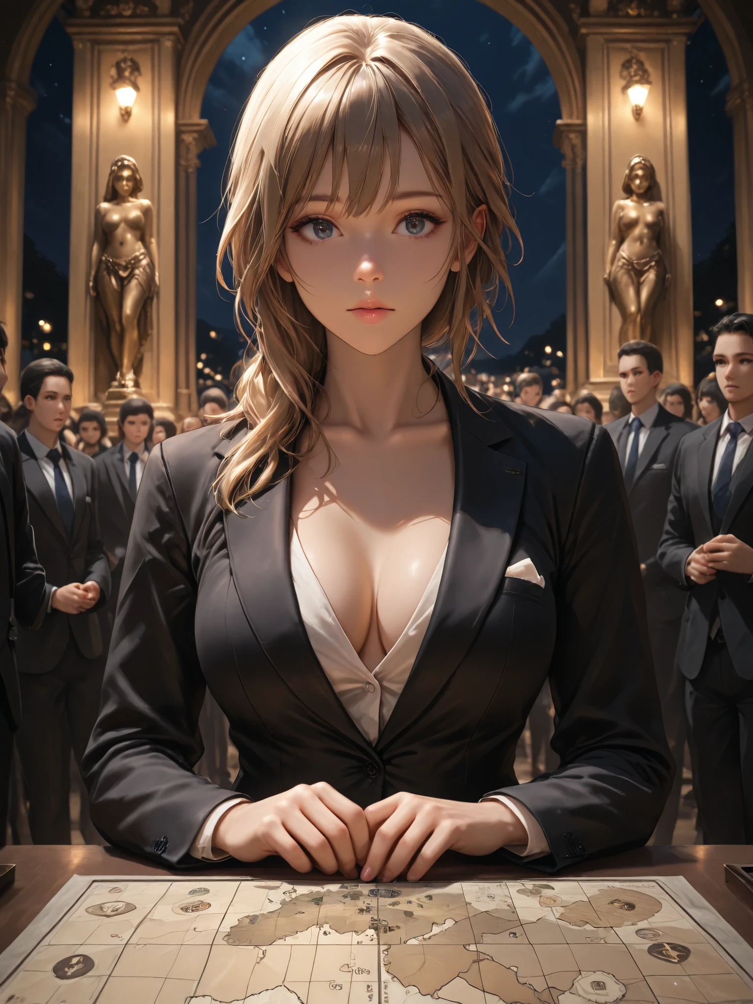 masterpiece, Highest Quality, solo, Single Girl, woman in suit, auction, auction Hall, upper body, night, Front Map, Staring at the Audience, behind a large bronze statue,soft touch,Delicate Body Curves,Realistic Human Body,