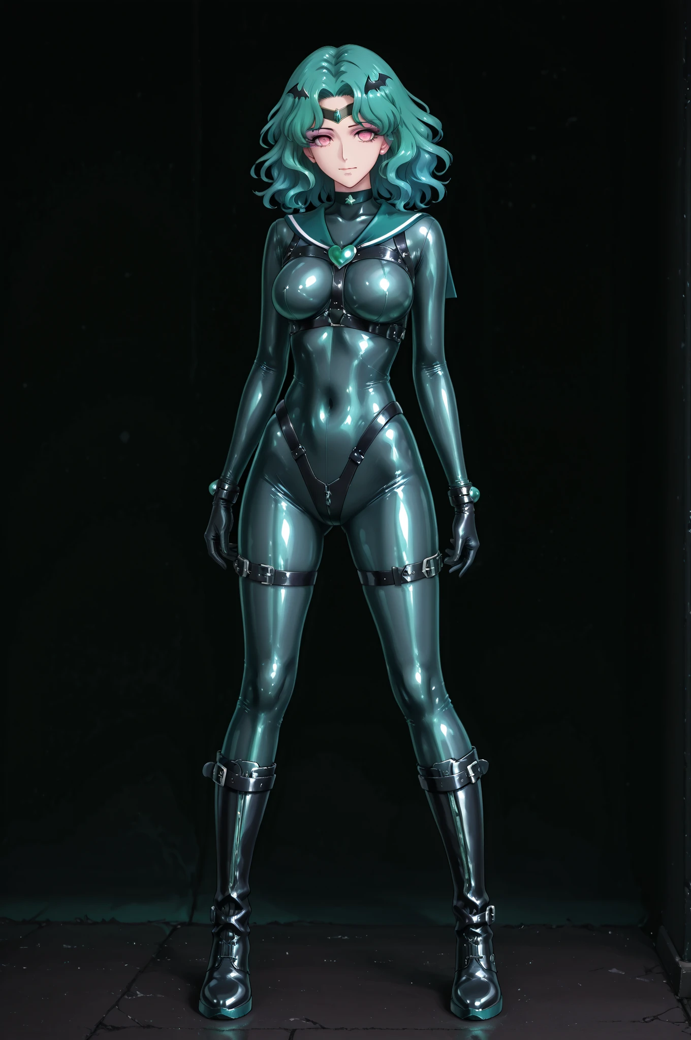 Sailor Neptune. Aqua colored hair. Wavy hair. Parted bangs. Black forehead accessory. Bat hair ornament. Villain eyeshadow. Purple eyeshadow. Pink eyes. Wide open eyes. Ironic smile. Glossy. Black latex costume. Transparent bodysuit. Bondage harness. Long black gloves. Oversized boots. Boots with zippers. Leg belts. Pert breasts. Slender body. Thighs. Green line costume. Metal decoration. Elbows raised. Legs spread. Standing. Dark background.