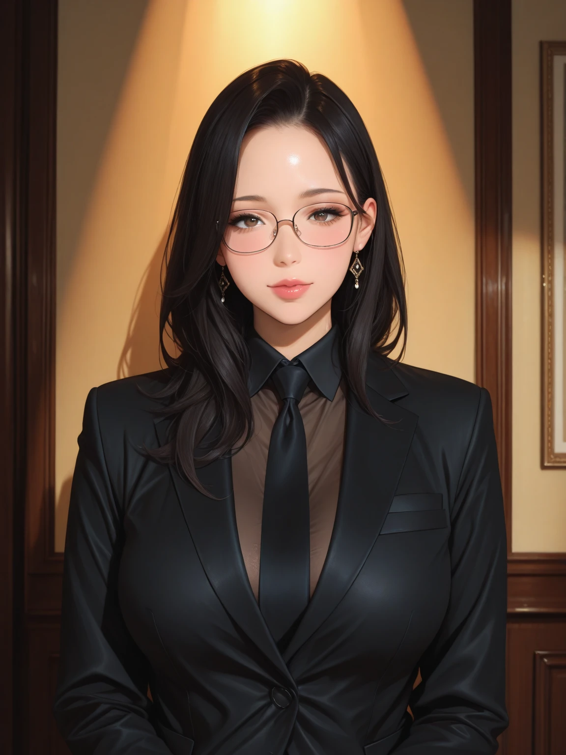 Beautiful girl with realistic black eyes, pale skin, medium length black hair, perfect face, perfect eyes, wearing a coat, very detailed, comprehensive movie, digital painting, 8K, cinematic lighting, highest quality, High resolution, Great job!, Post-processing, perfect result, surreal，(((revealing clothes)))，，:1.5