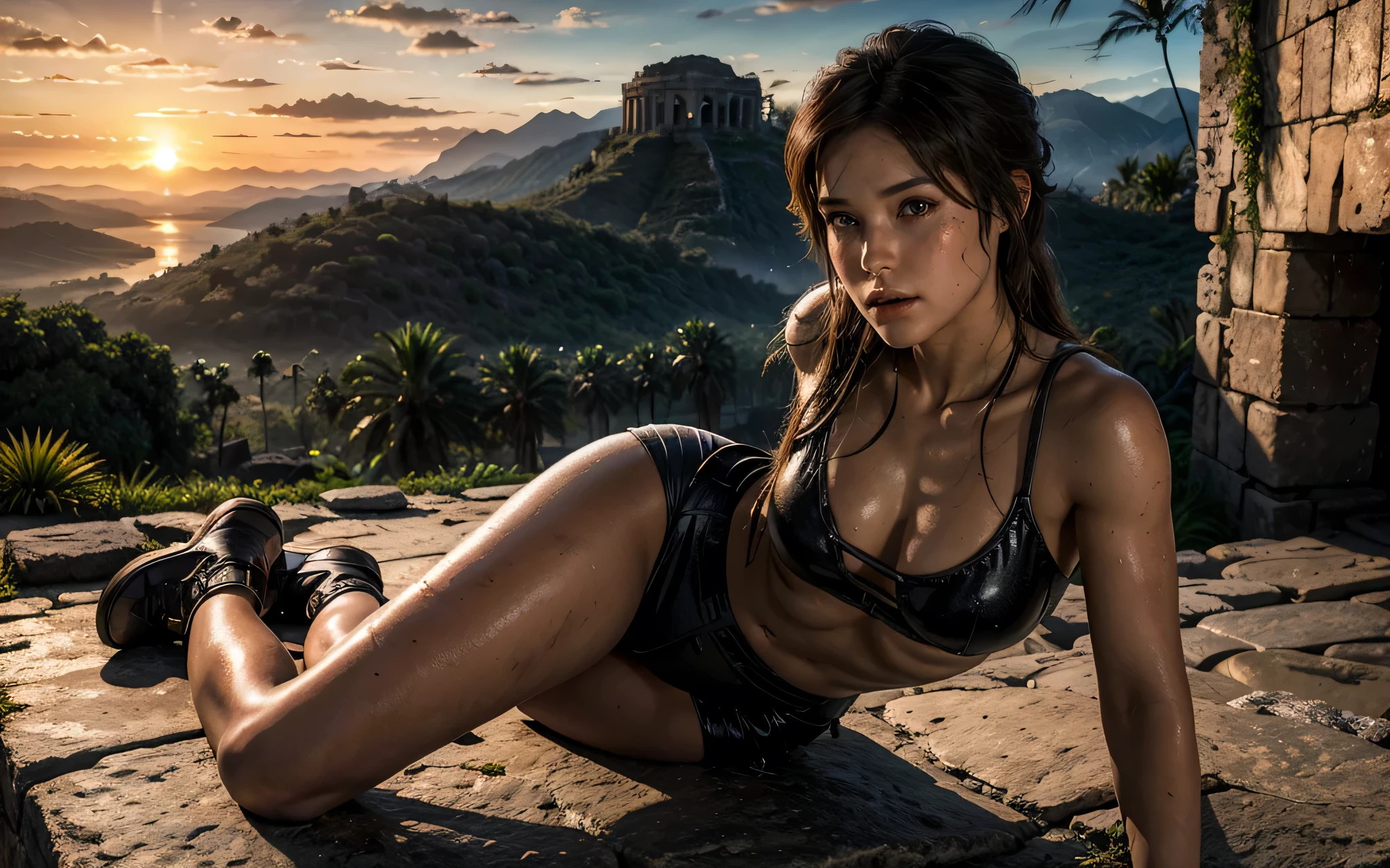 a beautiful adventurer, Lara croft, 1girl, extremely detailed face and eyes, Long Eyelashes, detailed lips, detailed skin, athletic body, lush tropical landscape, dramatic sunset, Ancient Ruins, thrilling action, high quality digital art, hyperrealistic painting, 8K, hdr, studio lighting, maximum sharpness, vivid colors