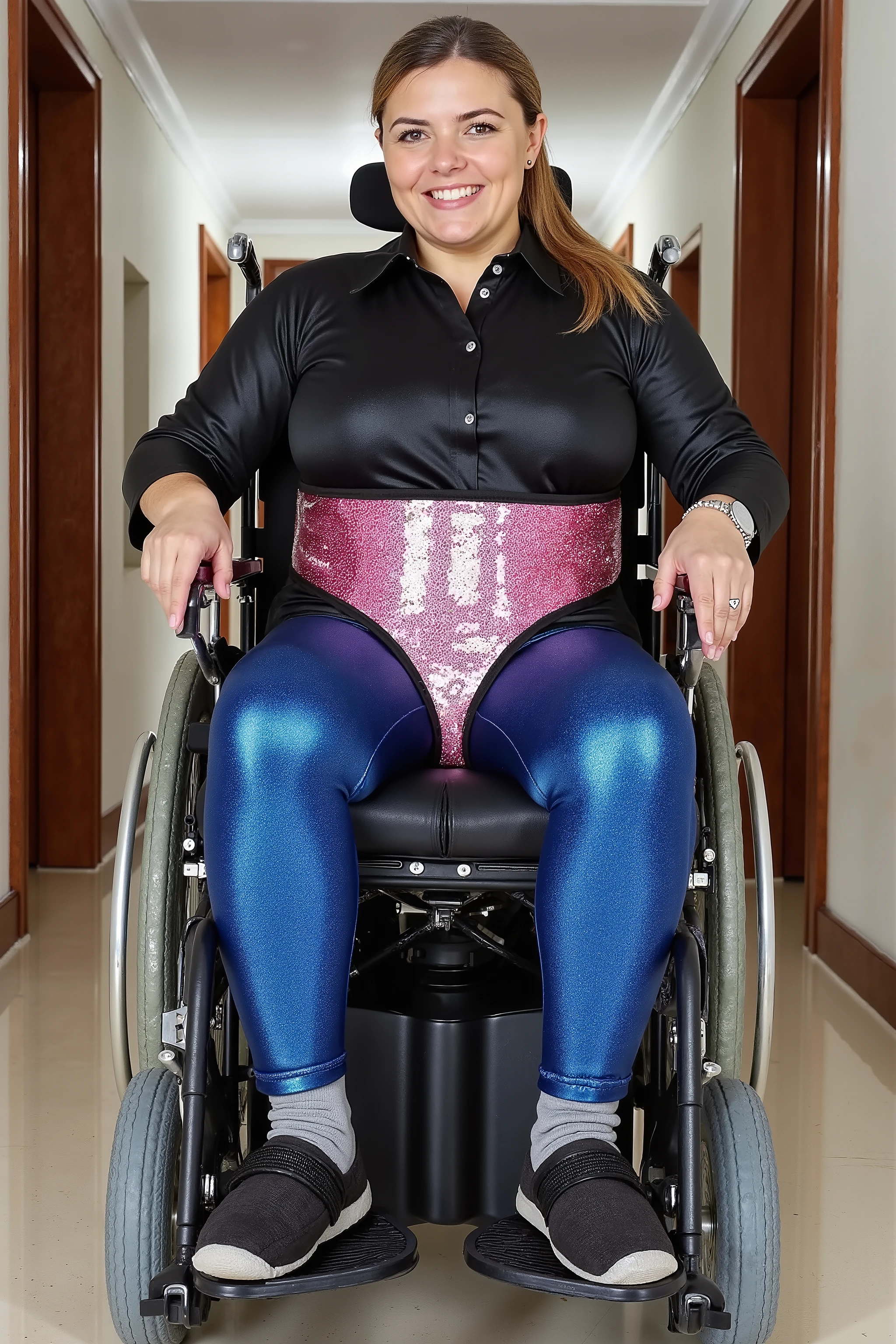 A woman is in the hall of a hotel, the hotel is formal and modern with futuristic Jade stone design, the woman is 36 years old and has a moderate belly, she is 240 pounds, the woman wears a black shiny silk sweater and blue shiny metallic vinyl rubber leggings, she wears a padded wheelchair hip belt that is shiny silver sequin neoprene, she wears a shiny pink sequin neoprene wheelchair harness, she is sitting in a powered wheelchair