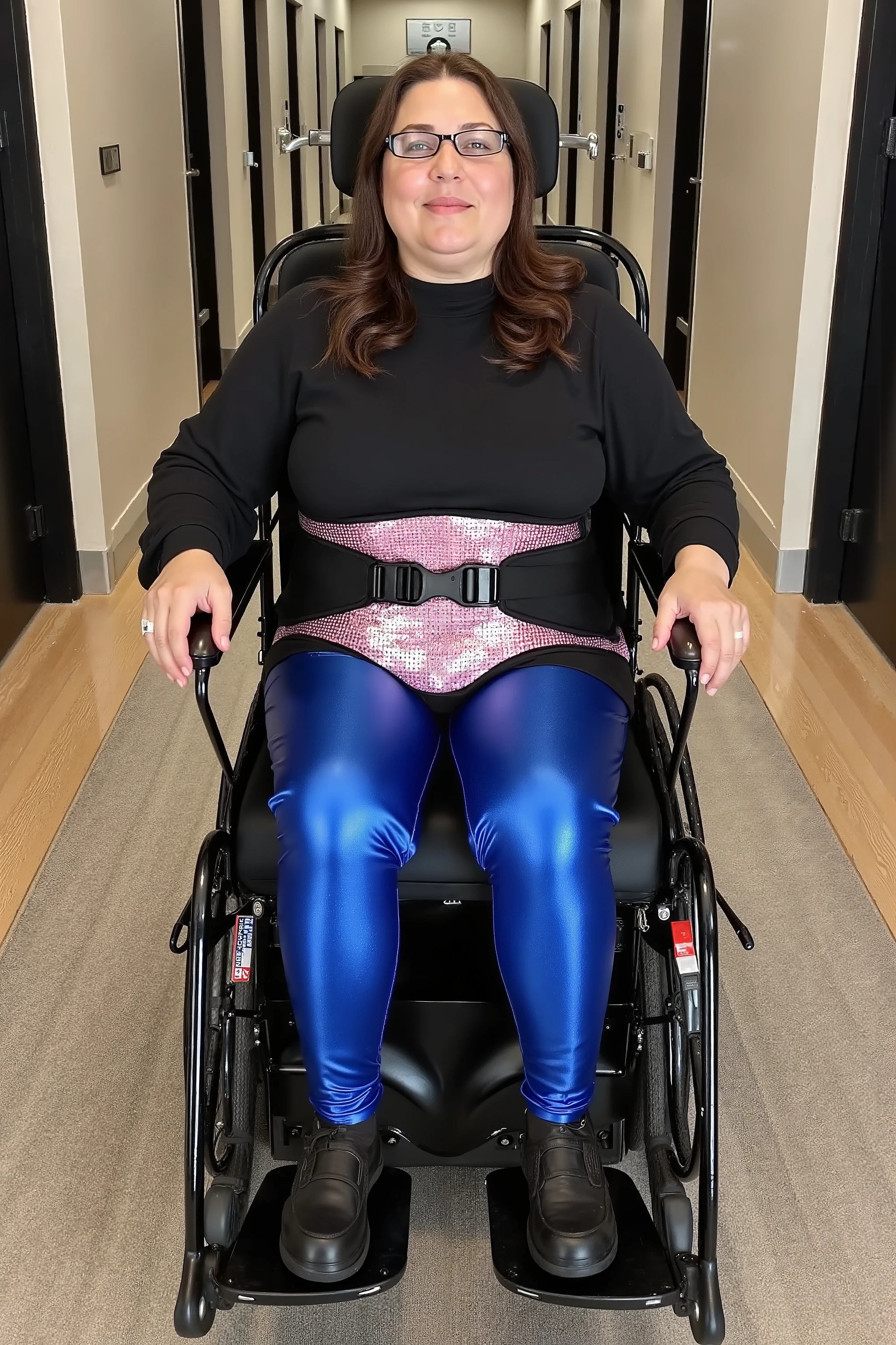 A woman is in the hall of a hotel, the hotel is formal and modern with futuristic Jade stone design, the woman is 36 years old and has a moderate belly, she is 240 pounds, the woman wears a black shiny silk sweater and blue shiny metallic vinyl rubber leggings, she wears a padded wheelchair hip belt that is shiny silver sequin neoprene, she wears a shiny pink sequin neoprene wheelchair harness, she is sitting in a powered wheelchair