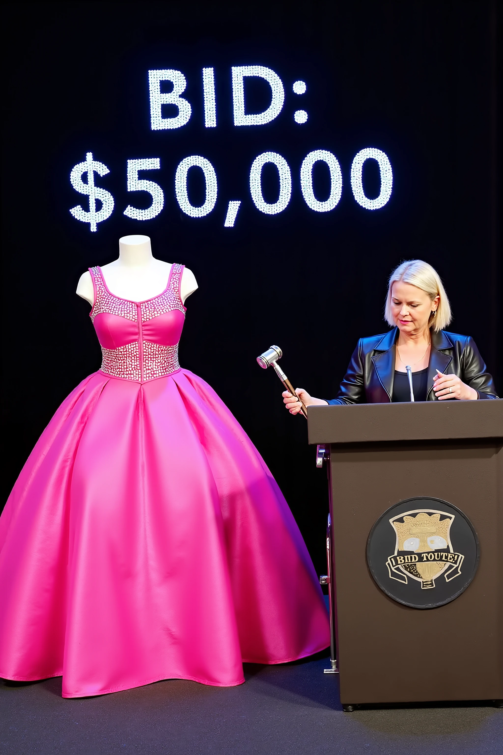 Sitting on a pedestal next to an auctioneer on a stage, a large pink inflatable latex ball gown with diamonds on a mannequin, the woman at the podium wears a black leather blazer, she holds a gavel in her right hand, a large LED sign behind her reads “BID: $50,000”
