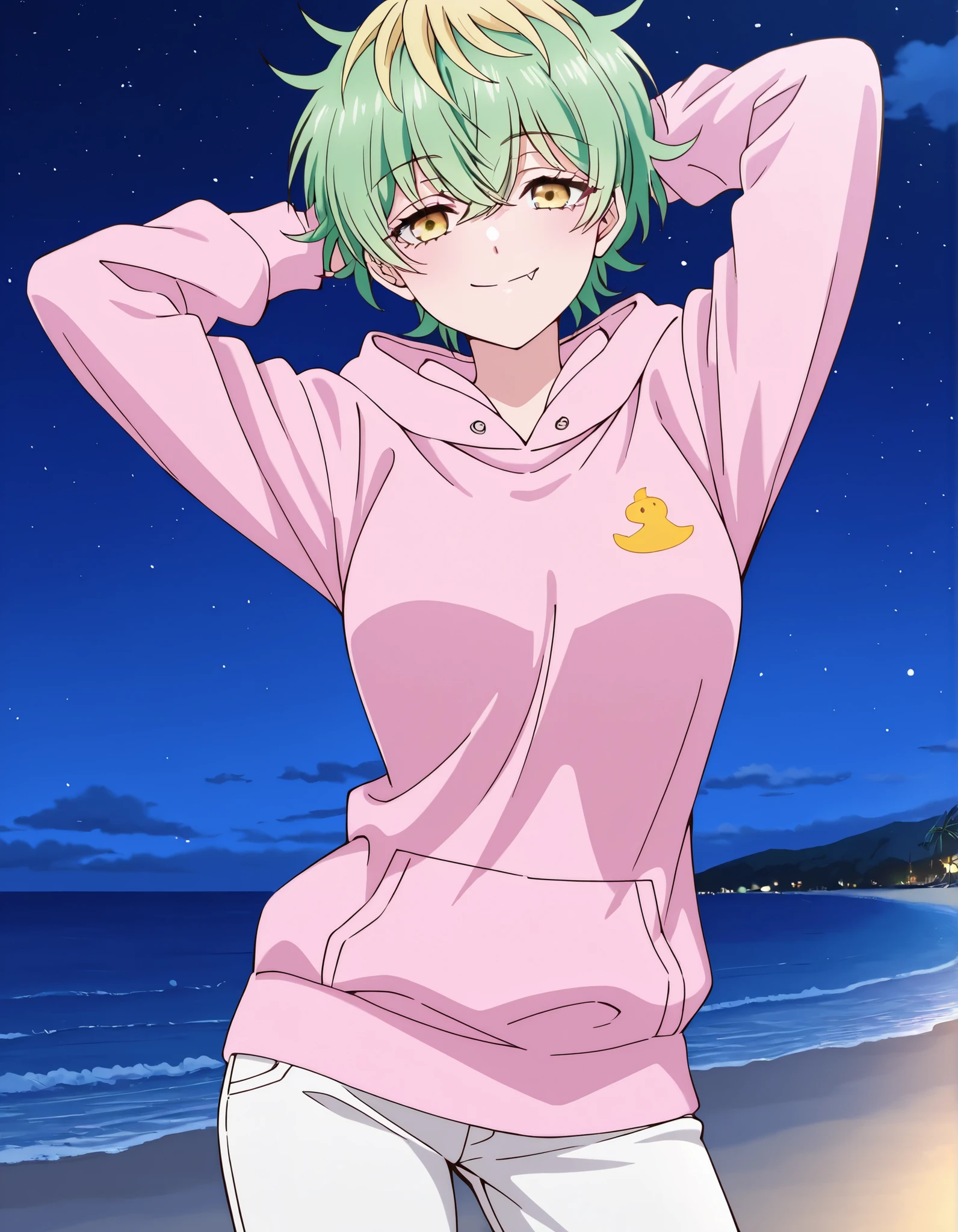 EBMiwa, , solo, smile, short hair, green hair, blonde hair, yellow eyes, multicolored hair, two-tone hair, streaked hair, fang, ,long sleeves, pink hoodie, hood down, long sleeves, white pants, high quality, solo, shiny skin, night sky, beach, arms behind head, (contrapposto), closed mouth, smile, cowboy shot, looking at viewer, best quality