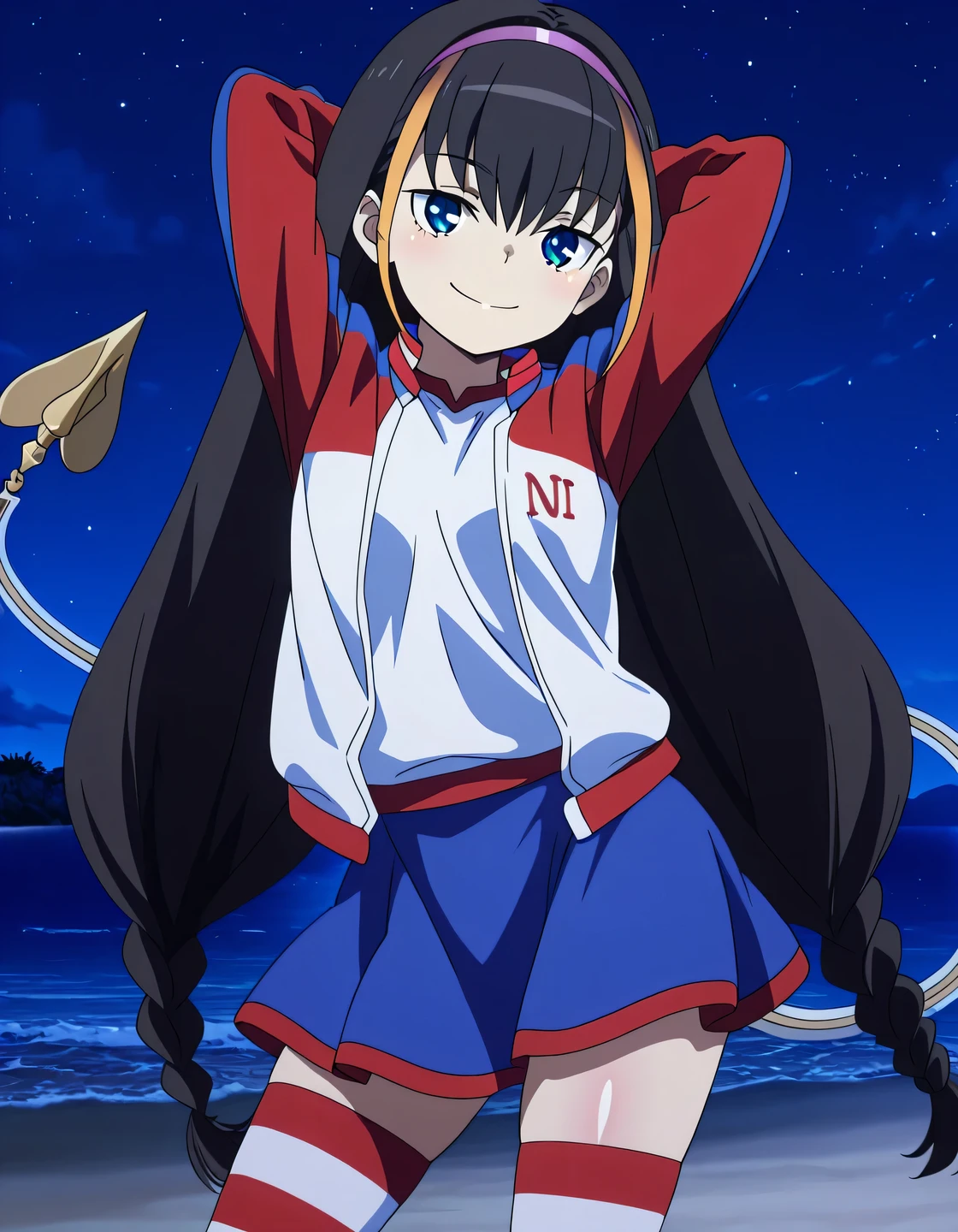 lessar, solo, blue eyes, multicolored hair, streaked hair, brown hair, highlights, long hair, braid, mechanical tail, hairband, blue skirt, black gloves, striped thighhighs, jacket, anime screencap, high quality, solo, shiny skin, night sky, beach, arms behind head, (contrapposto), closed mouth, smile, cowboy shot, looking at viewer, best quality