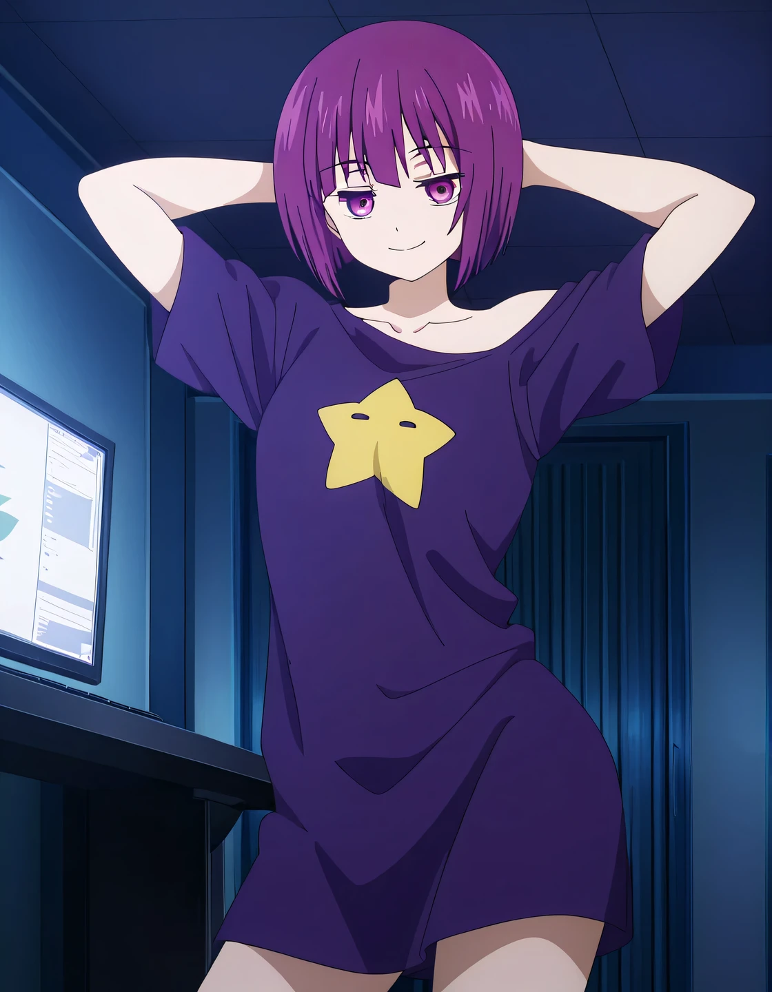 Shion, 1girl, short hair, t-shirt, purple hair, off shoulder, star (symbol), collarbone, short sleeves, purple eyes, bangs, purple shirt, anime screencap, high quality, solo, cowboy shot, (contrapposto), arms behind head, closed mouth, light out, computer room, looking at viewer, smile, best quality