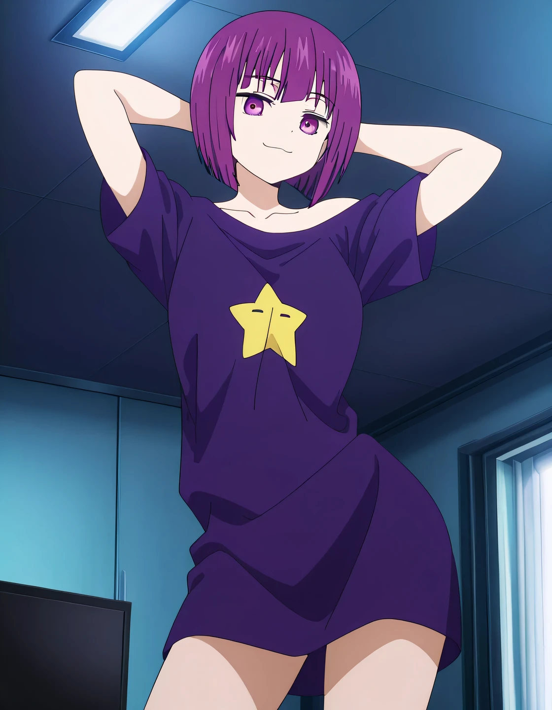 Shion, 1girl, short hair, t-shirt, purple hair, off shoulder, star (symbol), collarbone, short sleeves, purple eyes, bangs, purple shirt, anime screencap, high quality, solo, cowboy shot, (contrapposto), arms behind head, closed mouth, light out, computer room, looking at viewer, smile, best quality