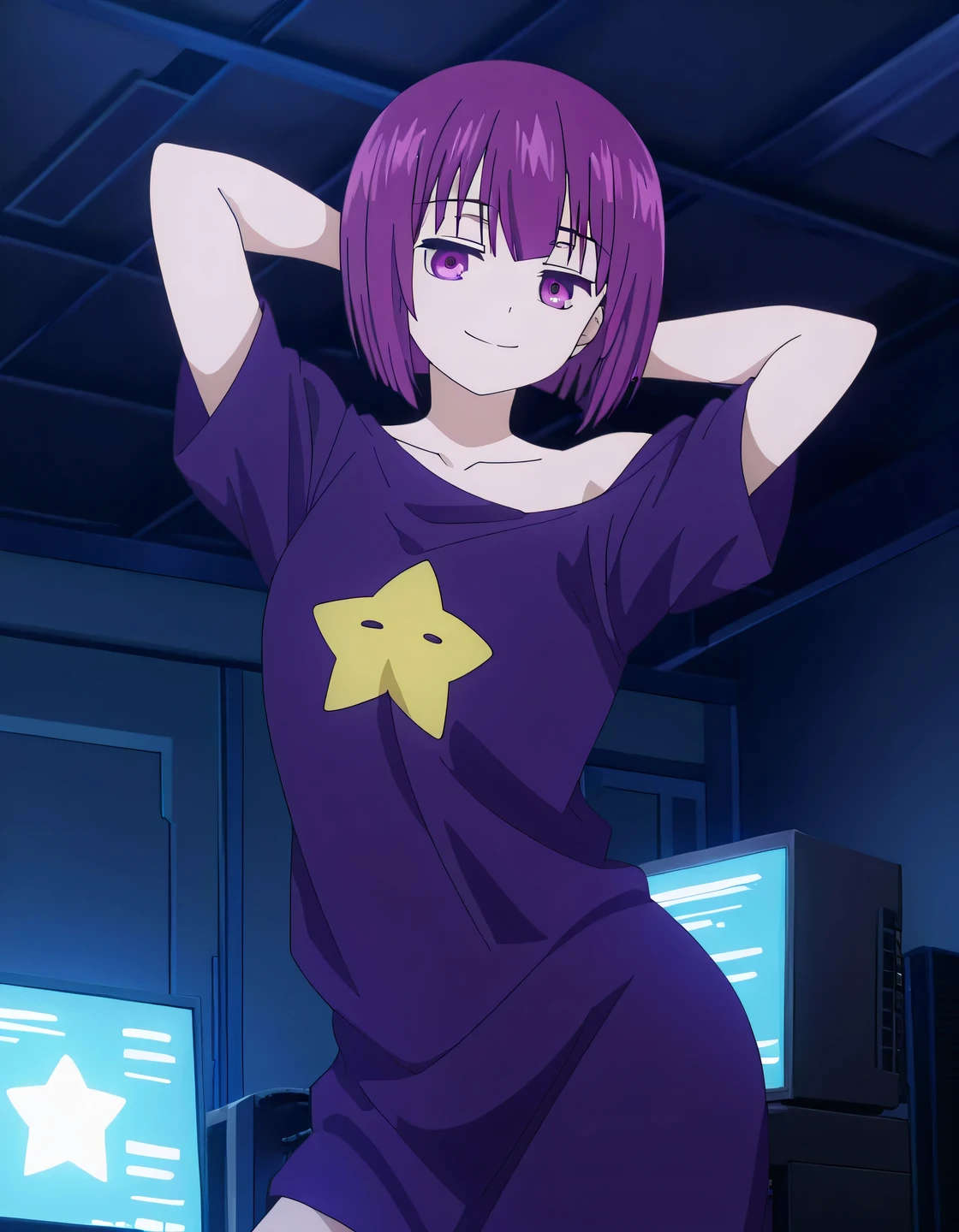 Shion, 1girl, short hair, t-shirt, purple hair, off shoulder, star (symbol), collarbone, short sleeves, purple eyes, bangs, purple shirt, anime screencap, high quality, solo, cowboy shot, (contrapposto), arms behind head, closed mouth, light out, computer room, looking at viewer, smile, best quality