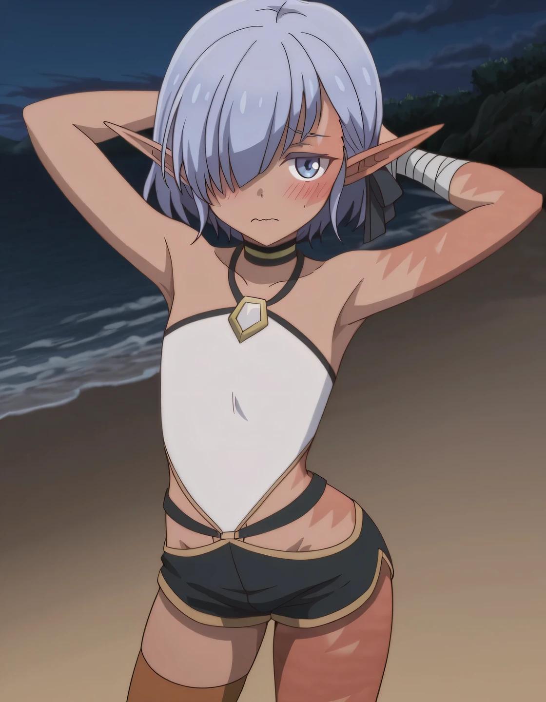 cariaerful,,dark elf, dark-skinned female, short hair,  blue hair, hair over one eye, blue eyes, pointy ears, bandaged arm, black choker, burn on face, burn on side, burnt arm, burnt leg, flat chest, white top,  halterneck, sleeveless, black shorts, short shorts, single thighhigh, anime screencap, high quality, solo, center in frame, medium shot, (contrapposto), (hands behind head), closed mouth, night sky, clear sky, beach, looking at viewer, wavy mouth, blush, best quality,