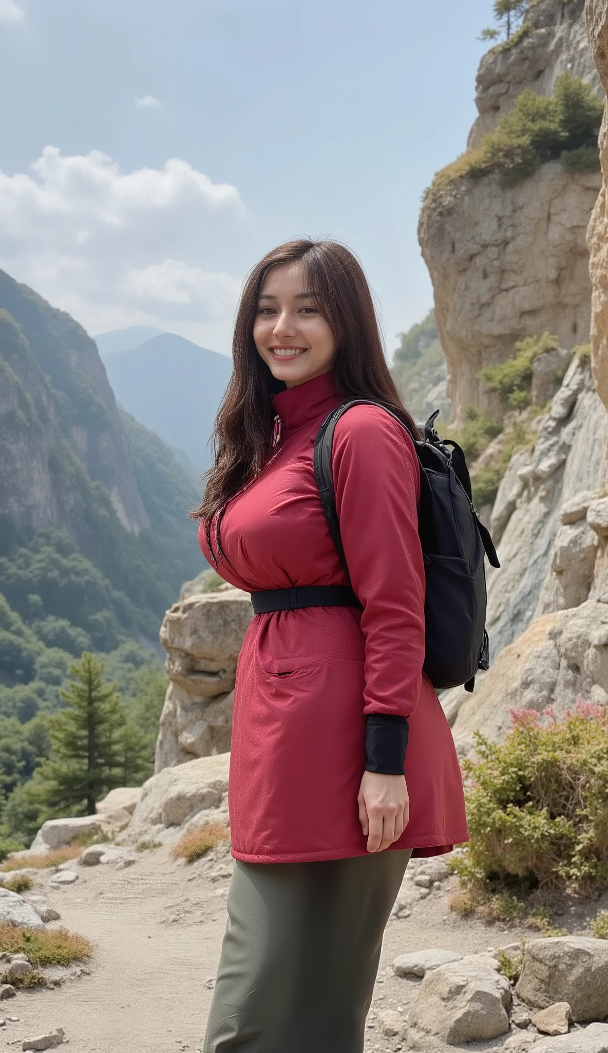  Nature landscape photo of a woman; mountaineering; full body view; (1 woman:0.5, solo), (slender body), (big boobs) , ( Soaked red wind jacket ,  tight satin pants  ,  Terrain running shoes, big rucksack),  Standing on top of a mountain, rough track, Boulders , (long black hair), (Nordic girl,  20 years old ,  Ultra delicate face,  Ultra beautiful face, ultra delicate eyes,  Her nose is highly detailed,  Khaki sleeveless top with highly detailed opening, highly detailed facial features, Natural Skin, indivual々Scar ), 1 married woman 1. Six plump bodies 1.6, (breasts are big up to the surface: 1.6) (with a radiant face:1.6), (Natural Skin:1 meter, (Stunning Fall Rain, Mountain view,  Rugged Norwegian mountains in the distance々々 During continuous training ), (Highest Quality, hyperrealistic:1.3, Super dense, Highly Detailed Illustrations, Highest Image Quality, Highly Detailed Illustrations) Natural Skin, indivual々Scar , skin texture details, full body pose, Natural Skin poors, (((shot from directly behind ))) She is uncomfortable and cold, afraid