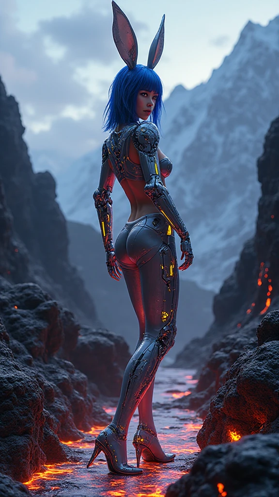 (WDS丽人摄影_v18),(Qingxu_realistic portrait photography oF Asian beauty_v18_f.18),beautiful Japanese woman Cyborg mecánica, leggings Licra ajustado color rojo sandia V1, Top yellow , encima tiene  violet ajustado Licra,  , Head dresses celeste , tirantes en muslo color celeste,tiene orejas de coneja de látex color celeste con  , Himalaya azotado por el viento: la nieve se acumula a lo largo del estrecho sendero que conduce a las montañas más profundas, El cielo del crepúsculo es violeta y gris amoratado, con nubes a la deriva sobre los picos, Her left arm is completely mechanical, mechanical parts covered in aluminum gray and fluorescent yellow, (AWPortraitFL LoRa V16),(MajicMix realistic V21), (cool color V18), (Flux Texture_v1.0), (AWPortraitFL LoRa 1.0), (maxim magazine style Photo_v18), (colores brillantes vívidos V1) ,( cinematographic lighting V1), (realistic v21),((pose medio cuerpo)) , mirando hacia atrás mostrando su glúteos, leggings Licra ajustado color orange, vestuario de la marca Dior, resolución de imagen 8k, iluminación cinematográfica V1, linghotrom 8.6, rodeada de piedras grandes  volcánica, slime lava magma ardiente neón orange, (Flux Texture_v1.0), realistic V16, tiene glúteos grandes y 🍑, mirando hacia atrás mostrando su glúteos, (fondo rodeado hay costillas gigantes de ballena mostró gigantes huesos) , cyborgs mechanical v4, tiene orejas de coneja cyborgs mechanical, rodeada de slime neón orange lava magma ardiente explosión grande fuego V1, lava magma slime transparente orange neón transparente translúcida V1, ((pose medio cuerpo V1)), (Anatomía perfecta detallado F.1) 