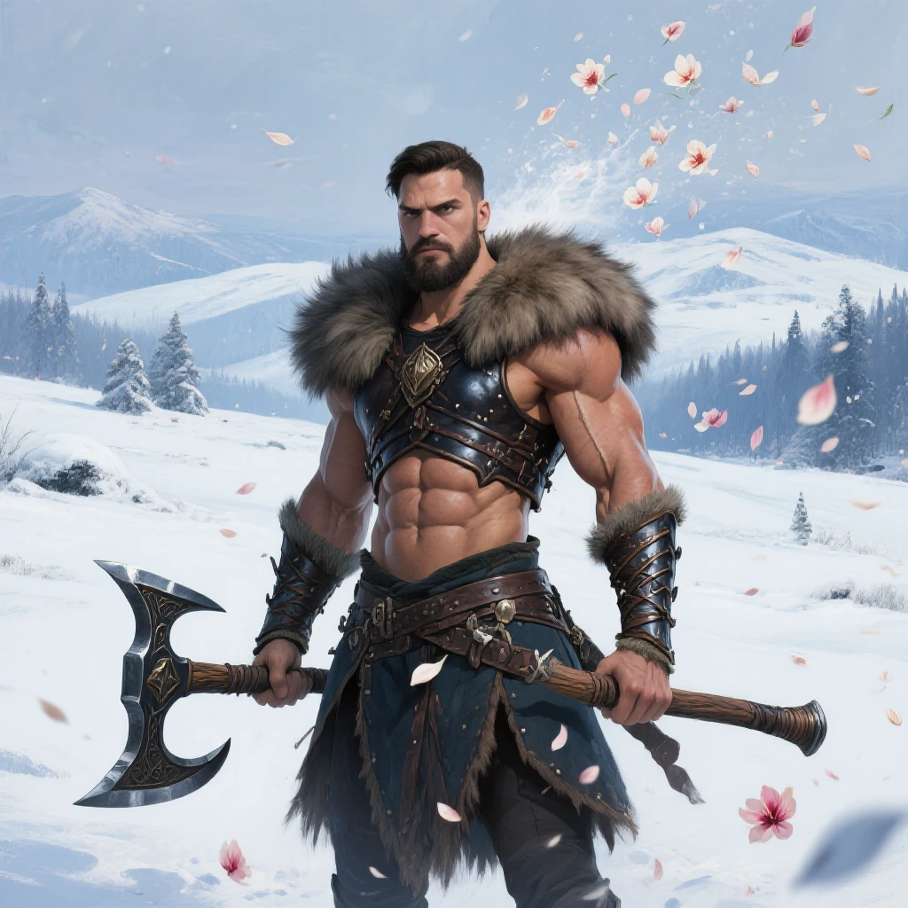 Viking left arm tattoo design, muscular viking man, brown hair divided with bangs, eyeballs.realistic blue, wearing warrior leather pants, warrior boots, lake and mountains in the background.
