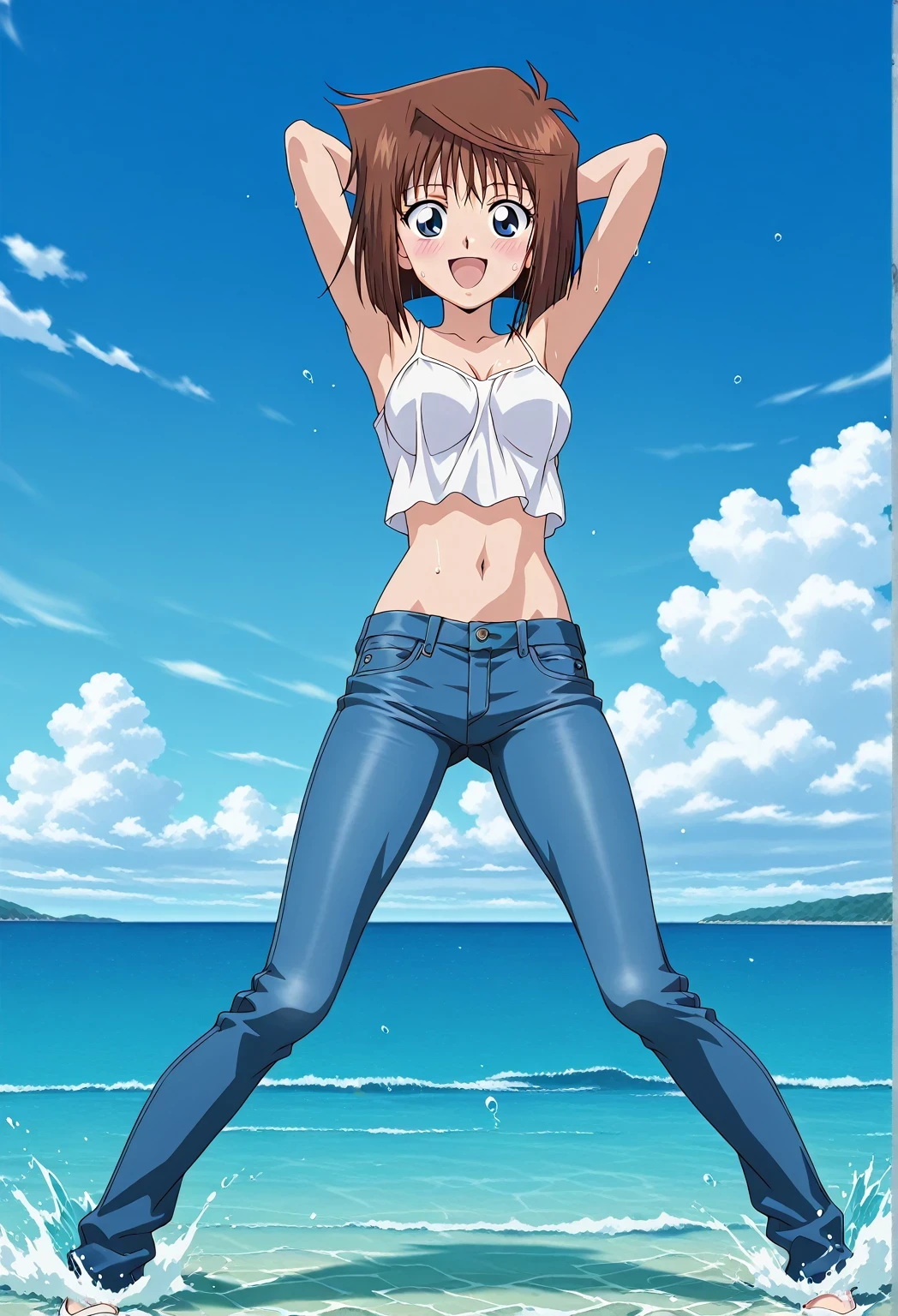 score_9, score_8_up, score_7_up, source_anime, highres, hi res, ((best quality, top quality, perfect quality, Highest Quality, amazing quality)), {{masterpiece}}, {{an extremely delicate and beautiful}}, 2d, intricate details, official style, anime, 8k, anime style, official_anime, official art, digital painting, cell shading, soft shading, high resolution, soothing tones, Subdued Color, Soft cinematic light, adobe lightroom, photolab, HDR, intricately and hyper-detailed, ((high quality animation)), 1 girl, Alone, solo, ((ocean)), tsunami, on the water, day, sunny, outdoors, sky, windy, anzu mazaki, blue eyes, brown hair, short hair, bangs, parted bangs, anime screencap, medium breasts, white camisole top, crop top, white crop top, best quality, hyper-detailed jeans, ((blue jeans:1.9)), (dark blue jeans:0.6), full medium body, medium shot, Open mouth, smiling, happy face, blush, sweat, standing, ((arms behind head:6.0)), bowlegged, jumping pose, action, looking at viewer, spread legs, Bend knees slightly, straight-on front view