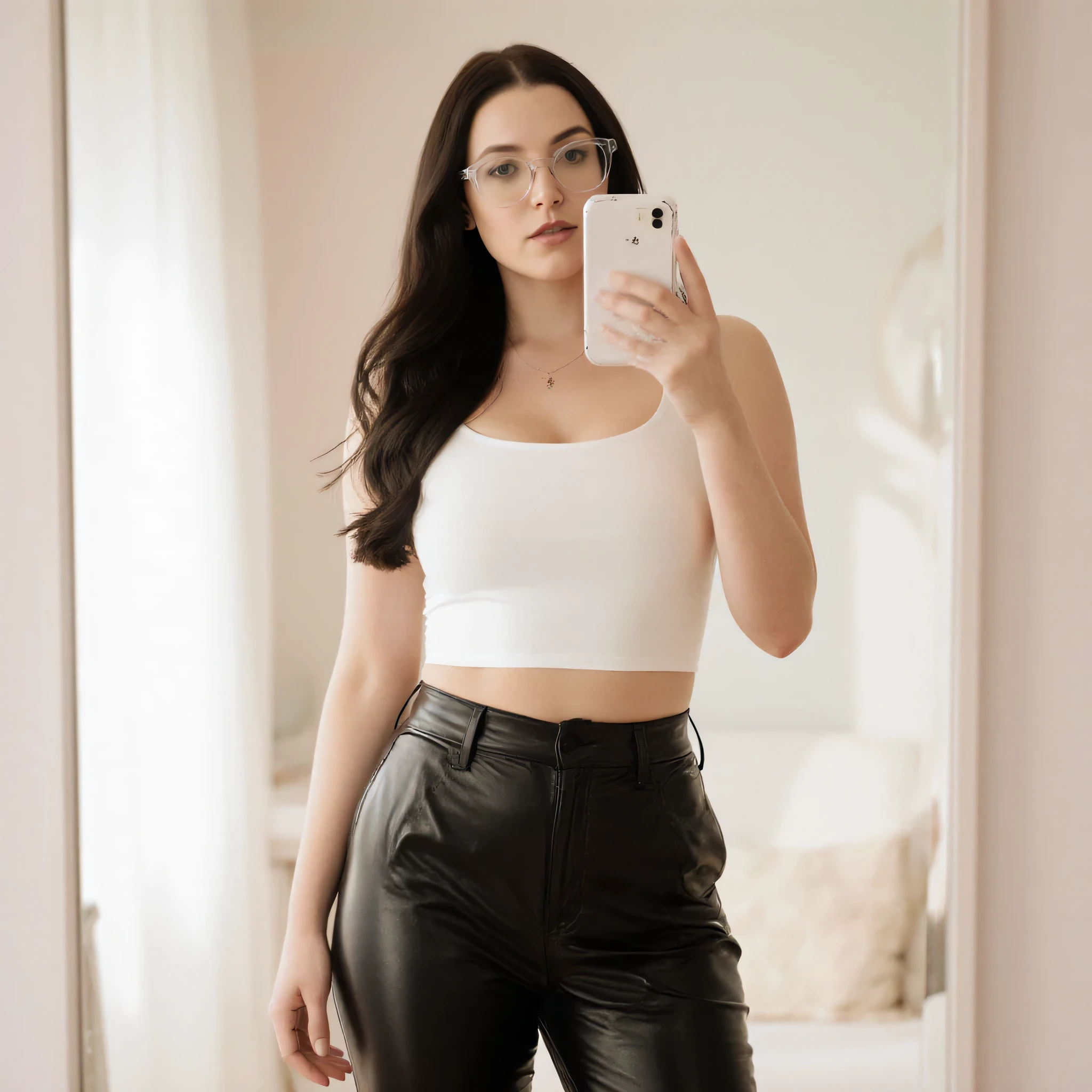 Ultra-realistic full-body mirror selfie of a woman standing indoors in soft daylight. She wears a fitted white tank top and high-waisted black leather pants with a glossy finish, reflecting gentle highlights. Her long, wavy dark hair flows naturally over her shoulders, and she wears modern, clear-framed glasses. The room has a cozy, softly lit atmosphere with pastel tones, white furniture, and diffused sunlight filtering through sheer curtains. Realistic textures on fabric, skin, and leather; high dynamic range, balanced exposure, accurate color temperature, crisp focus with shallow depth of field, smooth natural shadows and highlights, cinematic natural lighting, detailed realism without overprocessing.