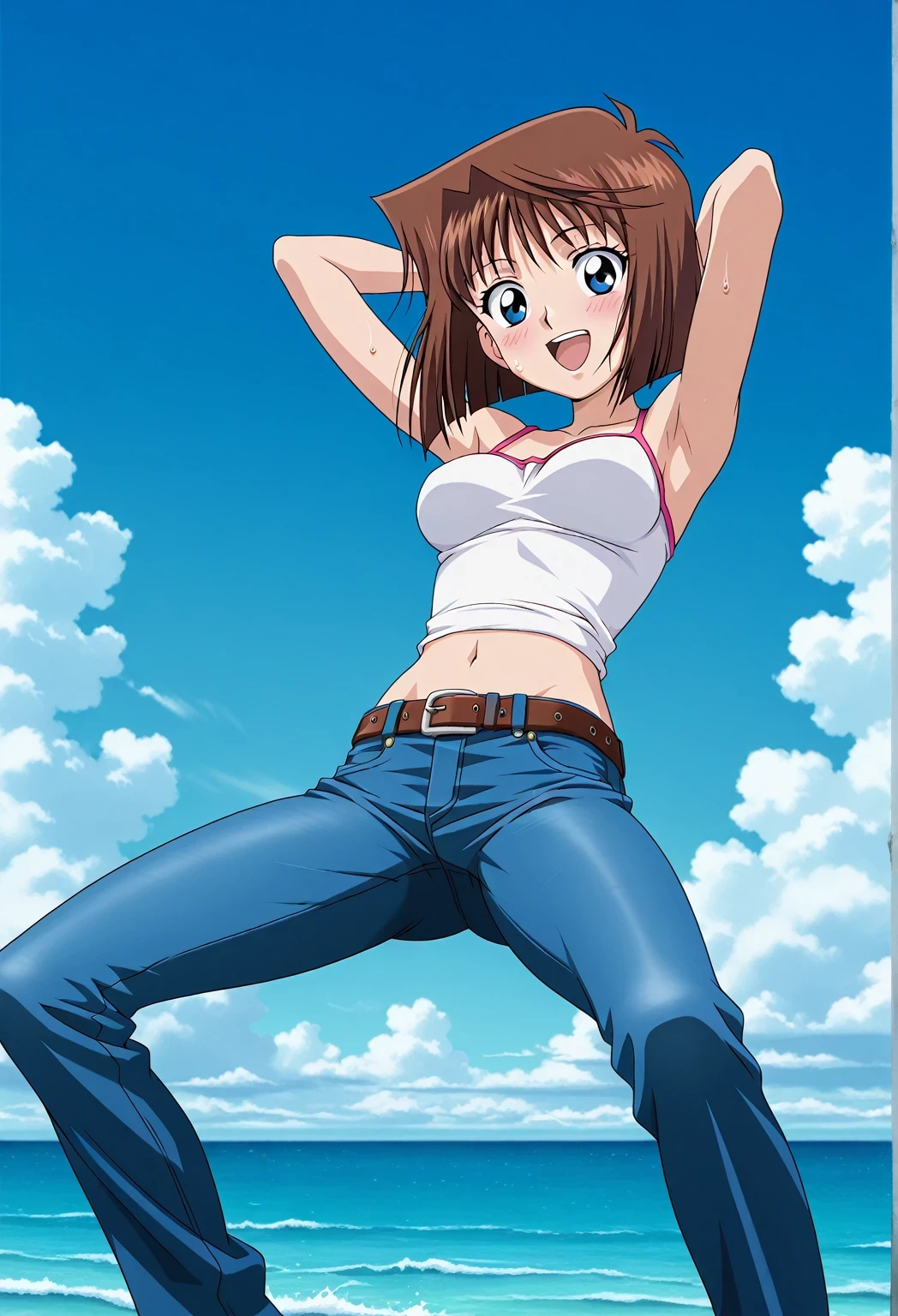 score_9, score_8_up, score_7_up, source_anime, highres, hi res, ((best quality, top quality, perfect quality, Highest Quality, amazing quality)), {{masterpiece}}, {{an extremely delicate and beautiful}}, 2d, intricate details, official style, anime, 8k, anime style, official_anime, official art, digital painting, cell shading, soft shading, high resolution, soothing tones, Subdued Color, Soft cinematic light, adobe lightroom, photolab, HDR, intricately and hyper-detailed, ((high quality animation)), 1 girl, Alone, solo, ((ocean)), tsunami, on the water, day, sunny, outdoors, sky, windy, anzu mazaki, blue eyes, brown hair, short hair, bangs, parted bangs, anime screencap, medium breasts, white camisole top, crop top, white crop top, best quality, hyper-detailed jeans, belt, brown belt, ((blue jeans:1.9)), (dark blue jeans:0.6), full medium body, medium shot, Open mouth, smiling, happy face, blush, sweat, standing, ((arms behind head:6.0)), bowlegged, jumping pose, action, looking at viewer, spread legs, Bend knees slightly, straight-on front view
