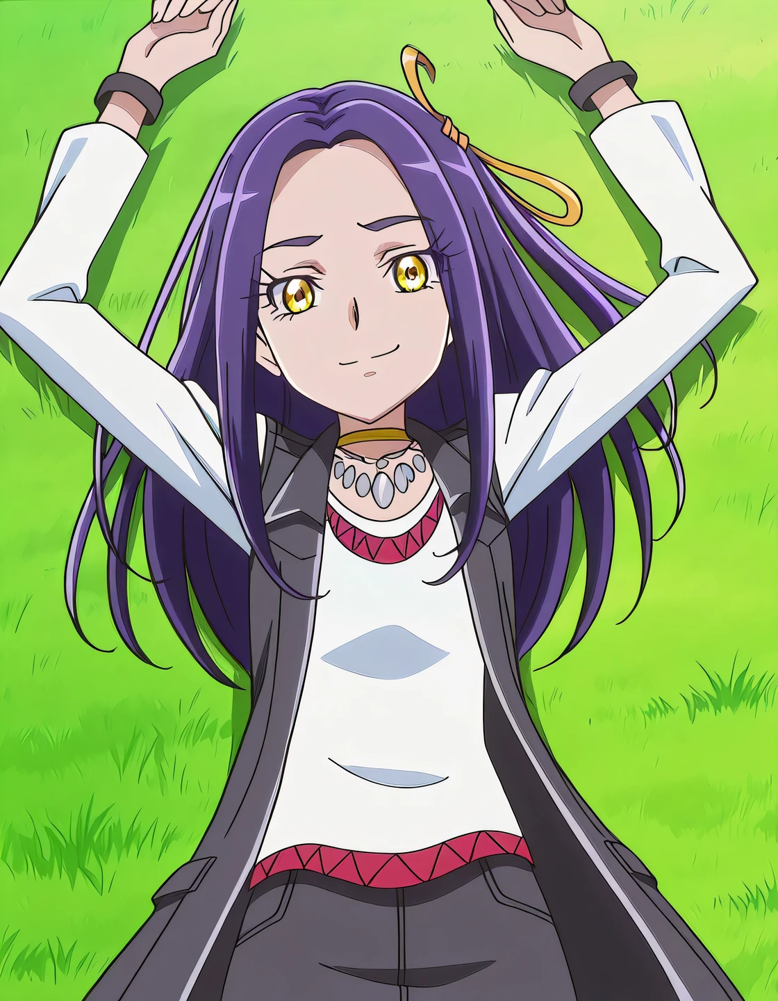 kurokawa eren, krkweren-evil, purple hair, long hair, parted bangs, shiny hair, sidelocks, yellow eyes, eyelashes, eyebrows visible through hair, hair ornament, hair ribbon, yellow ribbon, black vest, open vest, jacket, white shirt, long sleeves, yellow choker, necklace, wristband, bracelet, miniskirt, pencil skirt, black skirt, black legwear, anime screencap, high quality, solo, lying, on back, arms up, closed mouth, on grass, looking at viewer, medium shot, cowboy shot, smirk, best quality