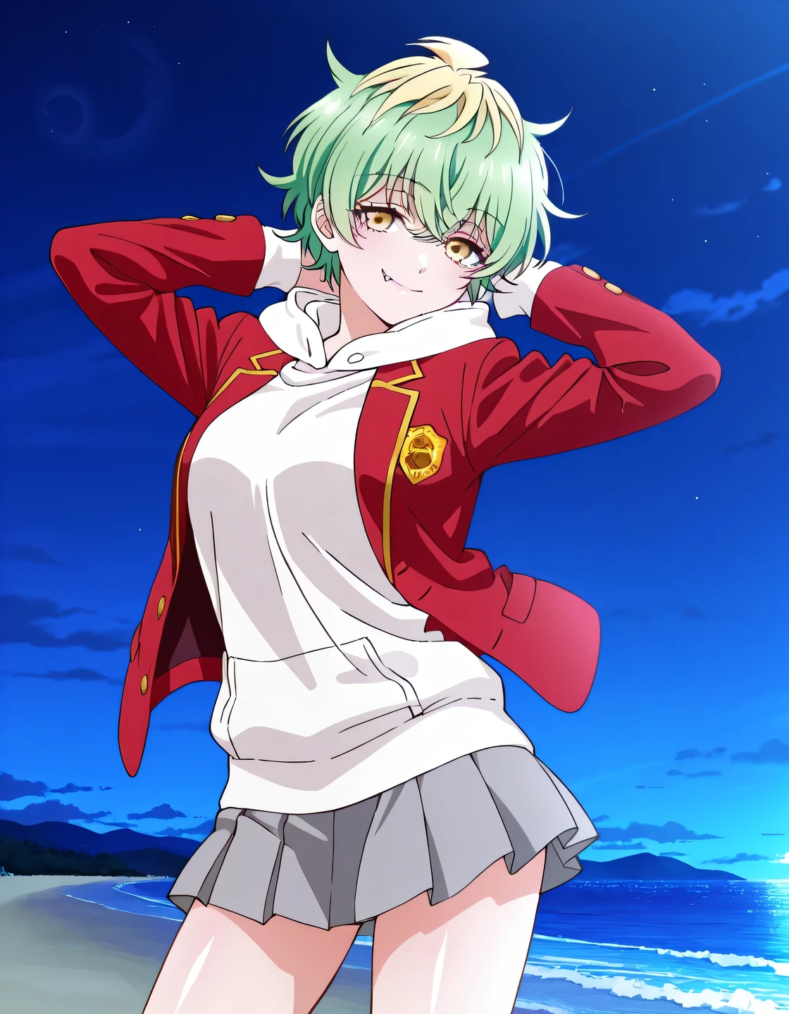 EBMiwa, , solo, smile, short hair, green hair, blonde hair, yellow eyes, multicolored hair, two-tone hair, streaked hair, fang, ,long sleeves, school uniform, open jacket, hoodie, hood down, blazer, red jacket, white hoodie, white hood, grey skirt, miniskirt, pleated skirt, high quality, solo, shiny skin, night sky, beach, arms behind head, (contrapposto), closed mouth, smile, cowboy shot, looking at viewer, best quality