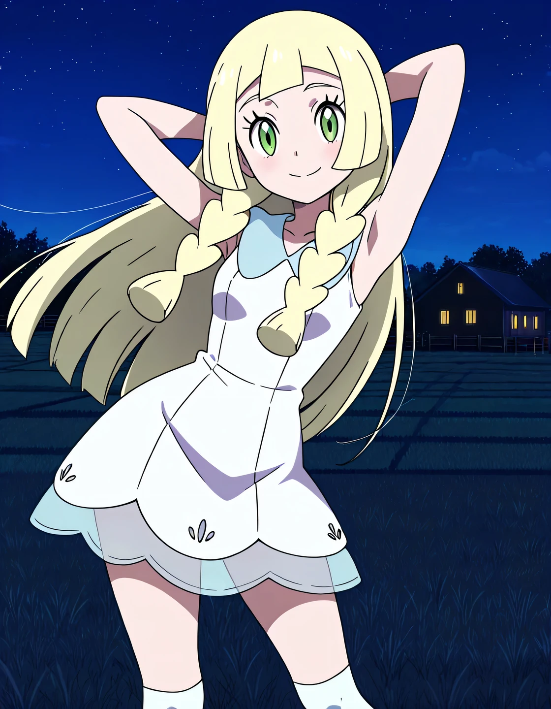 lillie (pokemon), long hair, twin braids, blunt bangs, green eyes, white dress, sundress, sleeveless dress, white kneehighs, anime screencap, high quality, solo, farm, night sky, arms behind head, ((contrapposto)), closed mouth, medium shot, center in frame, looking at viewer, smile, best quality