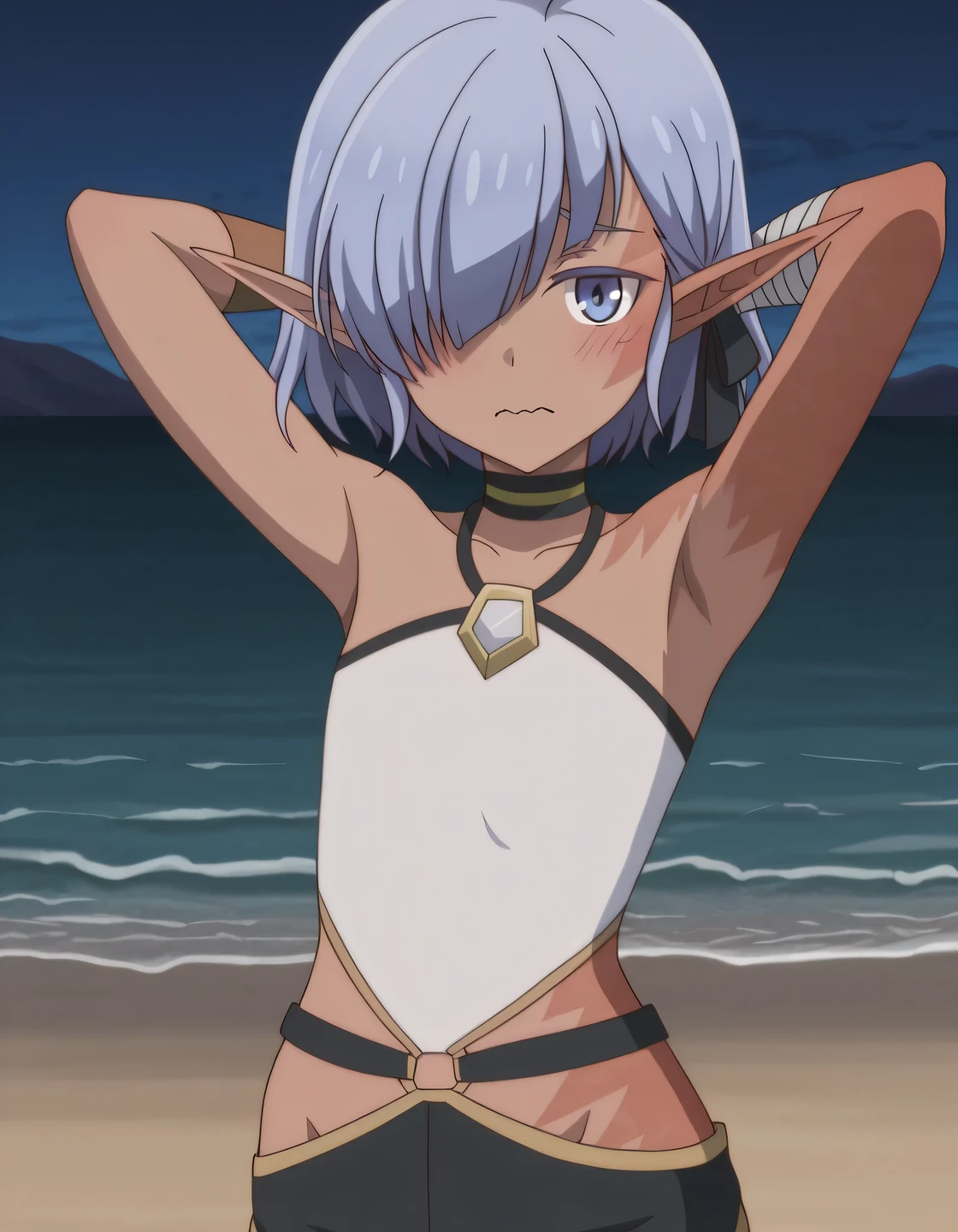 cariaerful,,dark elf, dark-skinned female, short hair,  blue hair, hair over one eye, blue eyes, pointy ears, bandaged arm, black choker, burn on face, burn on side, burnt arm, burnt leg, flat chest, white top,  halterneck, sleeveless, black shorts, short shorts, single thighhigh, anime screencap, high quality, solo, center in frame, medium shot, (contrapposto), (hands behind head), closed mouth, night sky, clear sky, beach, looking at viewer, wavy mouth, blush, best quality,