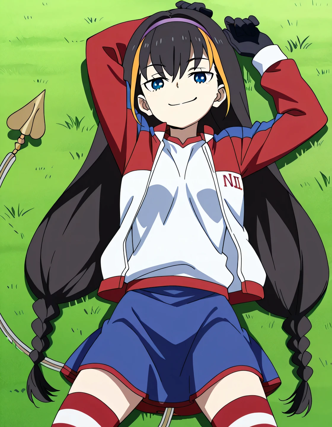 lessar, solo, blue eyes, multicolored hair, streaked hair, brown hair, highlights, long hair, braid, mechanical tail, hairband, blue skirt, black gloves, striped thighhighs, jacket, anime screencap, high quality, solo, lying, on back, arms up, legs apart, closed mouth, on grass, looking at viewer, cowboy shot, smirk, best quality