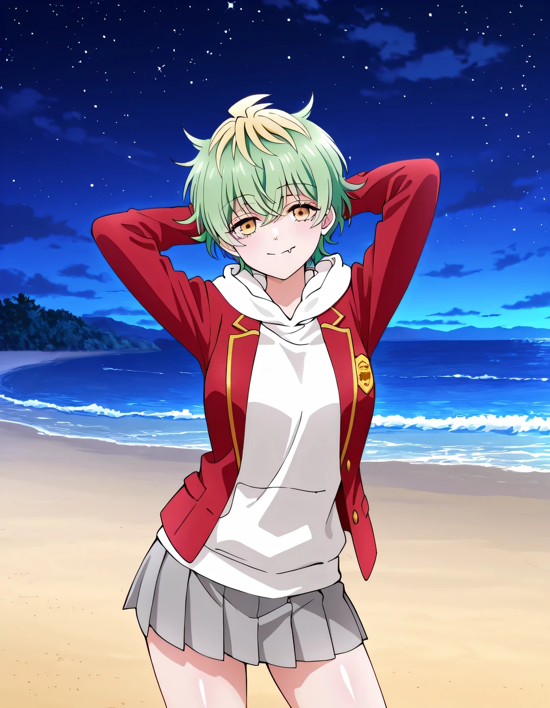 EBMiwa, , solo, smile, short hair, green hair, blonde hair, yellow eyes, multicolored hair, two-tone hair, streaked hair, fang, ,long sleeves, school uniform, open jacket, hoodie, hood down, blazer, red jacket, white hoodie, white hood, grey skirt, miniskirt, pleated skirt, high quality, solo, shiny skin, night sky, beach, arms behind head, (contrapposto), closed mouth, smile, cowboy shot, looking at viewer, best quality