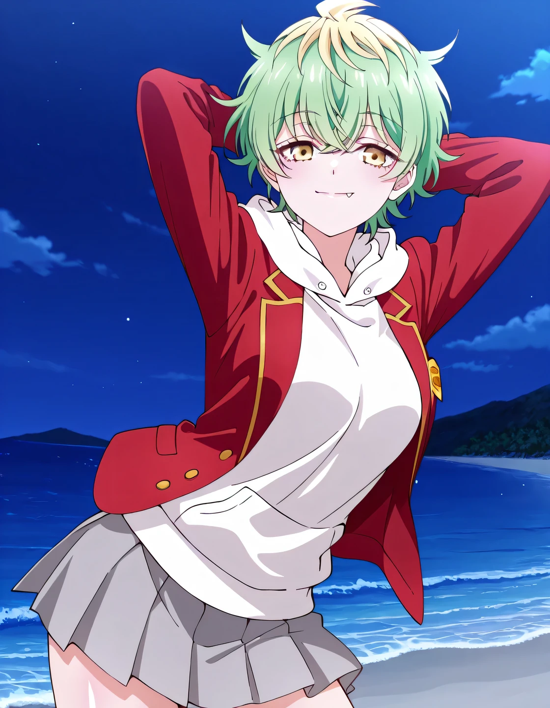 EBMiwa, , solo, smile, short hair, green hair, blonde hair, yellow eyes, multicolored hair, two-tone hair, streaked hair, fang, ,long sleeves, school uniform, open jacket, hoodie, hood down, blazer, red jacket, white hoodie, white hood, grey skirt, miniskirt, pleated skirt, high quality, solo, shiny skin, night sky, beach, arms behind head, (contrapposto), closed mouth, smile, cowboy shot, looking at viewer, best quality