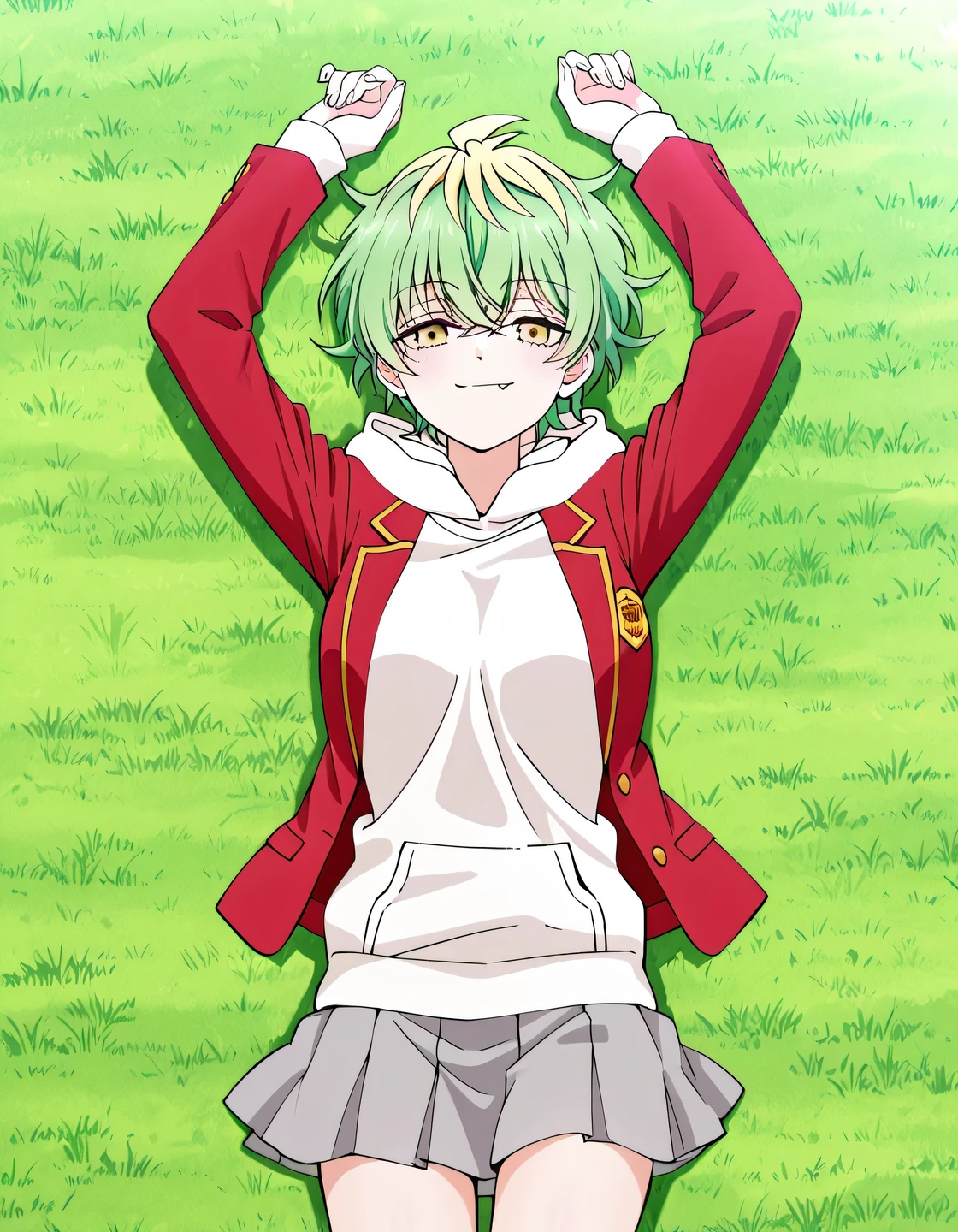 EBMiwa, , solo, smile, short hair, green hair, blonde hair, yellow eyes, multicolored hair, two-tone hair, streaked hair, fang, ,long sleeves, school uniform, open jacket, hoodie, hood down, blazer, red jacket, white hoodie, white hood, grey skirt, miniskirt, pleated skirt, high quality, solo, lying, on back, arms up, closed mouth, on grass, looking at viewer, medium shot, cowboy shot, smirk, best quality